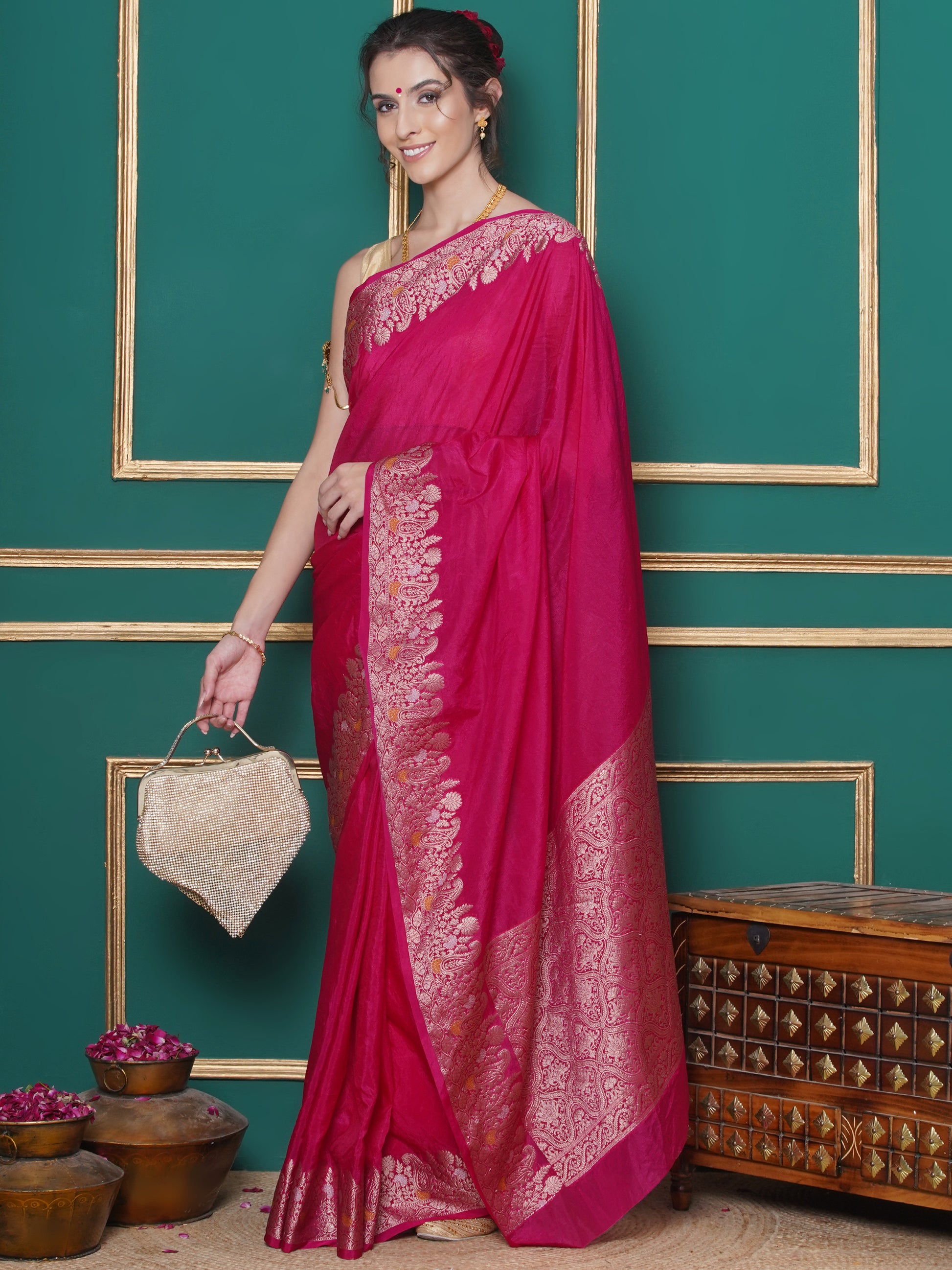 Banarasi Raw Silk With Zari Border - Rani Pink