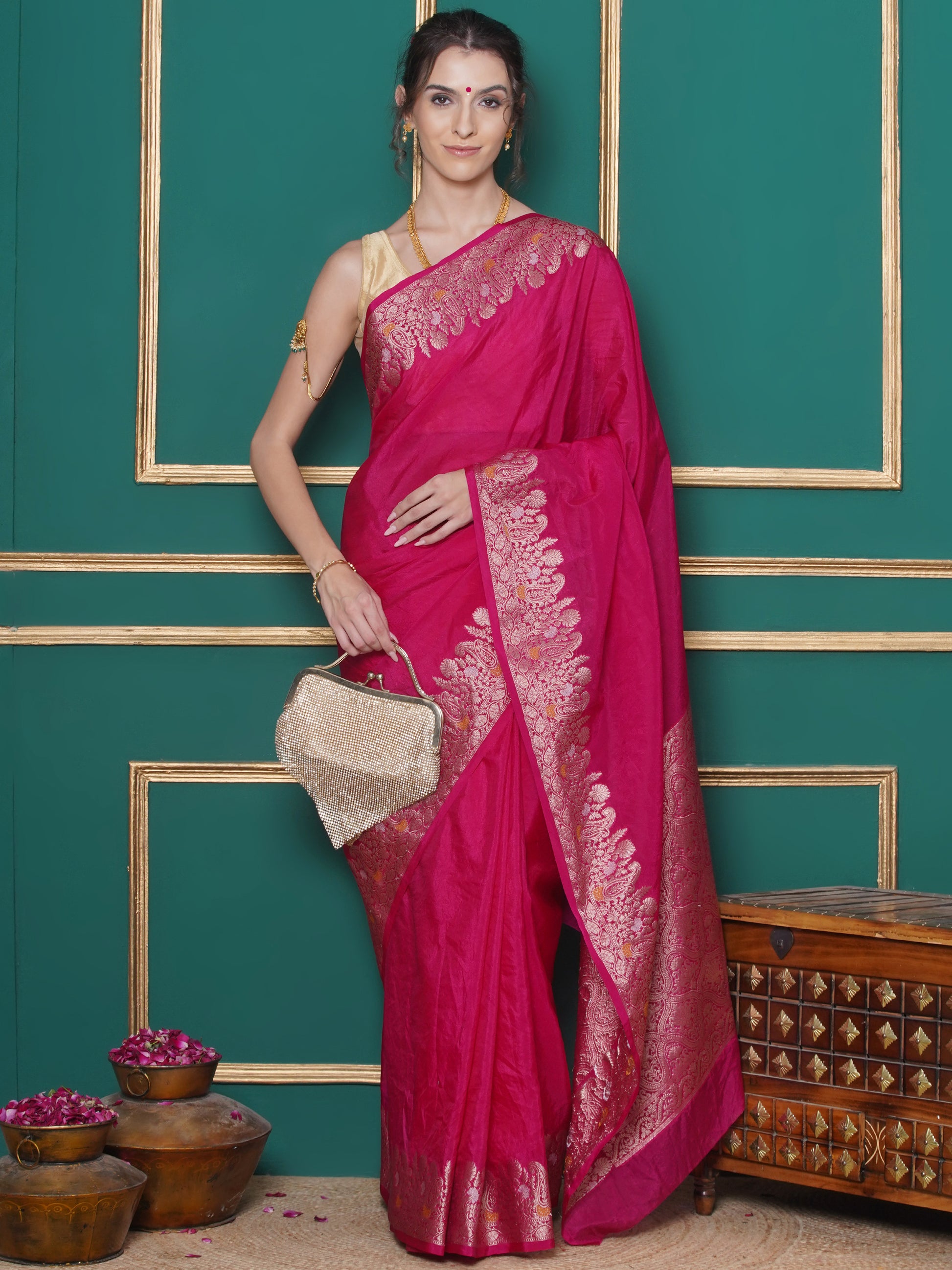 Banarasi Raw Silk With Zari Border - Rani Pink