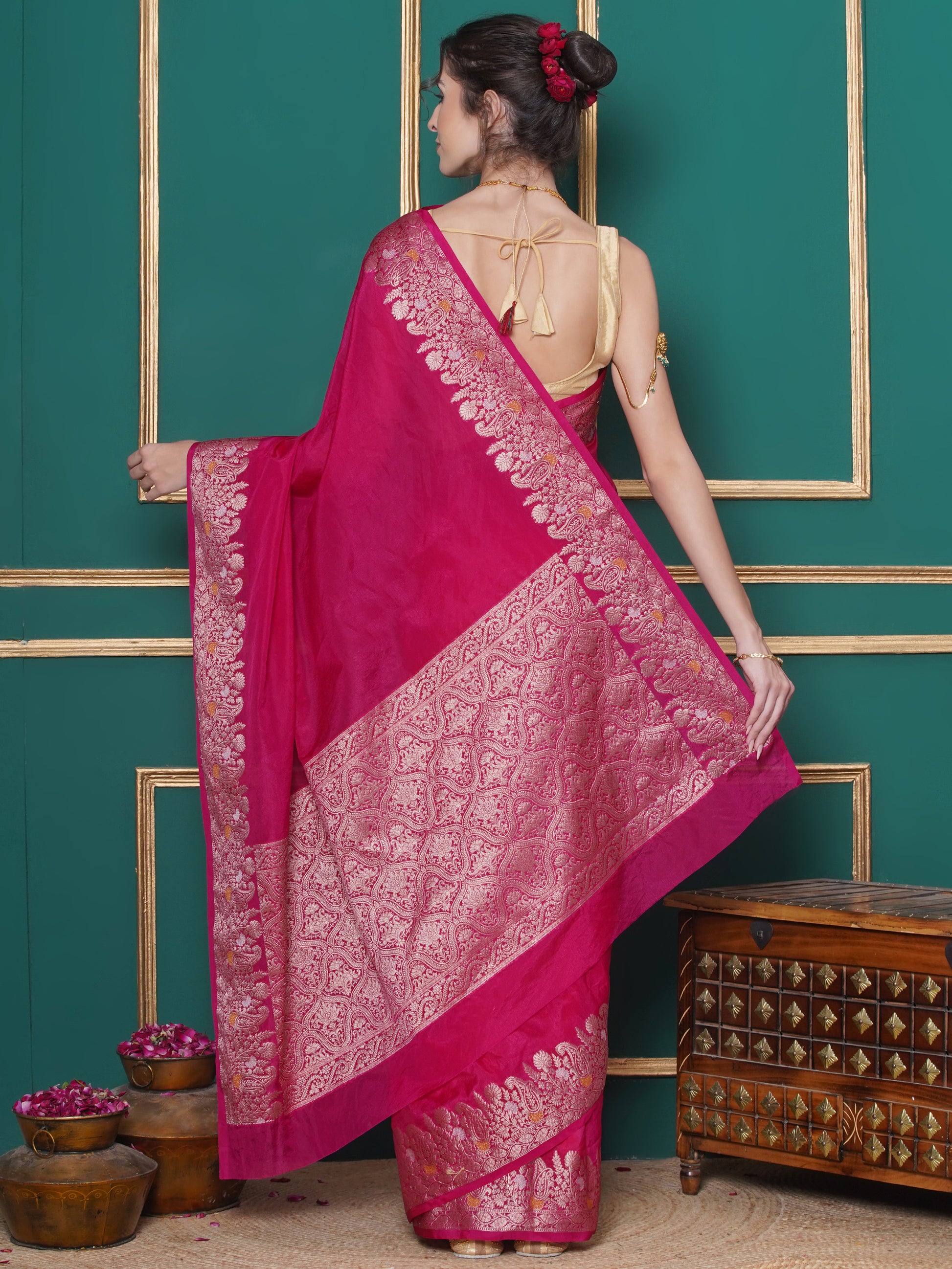 Banarasi Raw Silk With Zari Border - Rani Pink