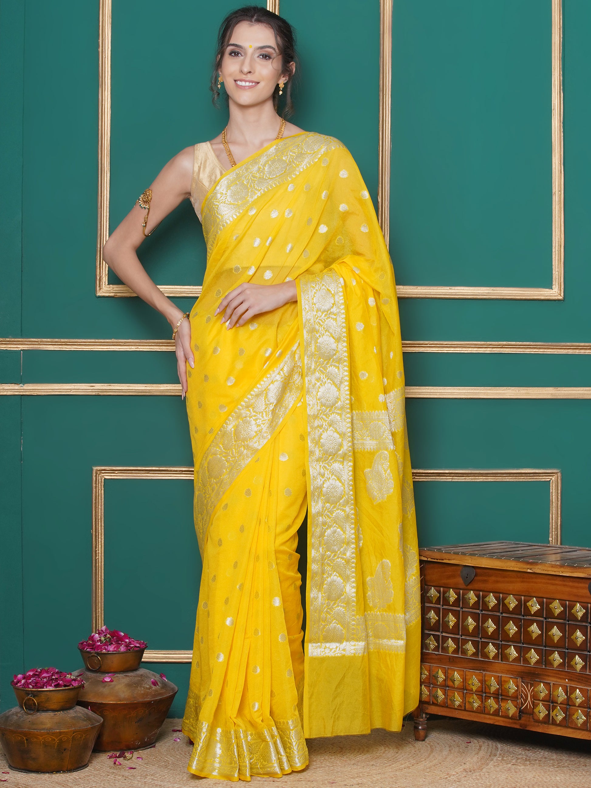 Banarasi Georgette Woven Zari Buti Saree - Yellow
