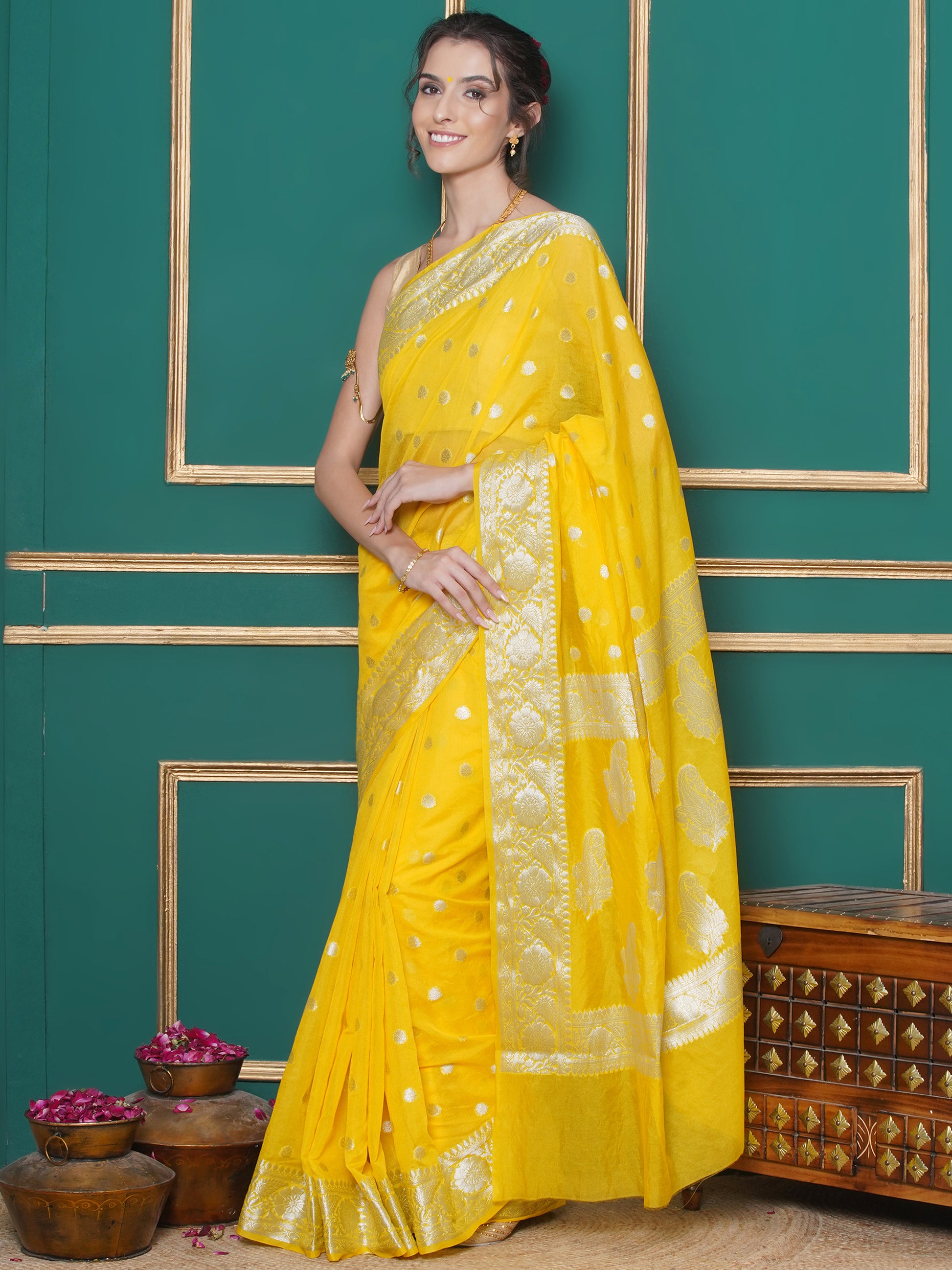 Banarasi Georgette Woven Zari Buti Saree - Yellow