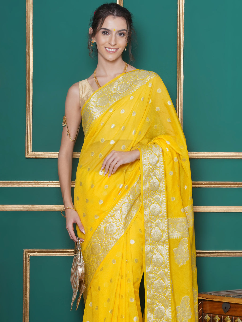 Banarasi Georgette Woven Zari Buti Saree - Yellow