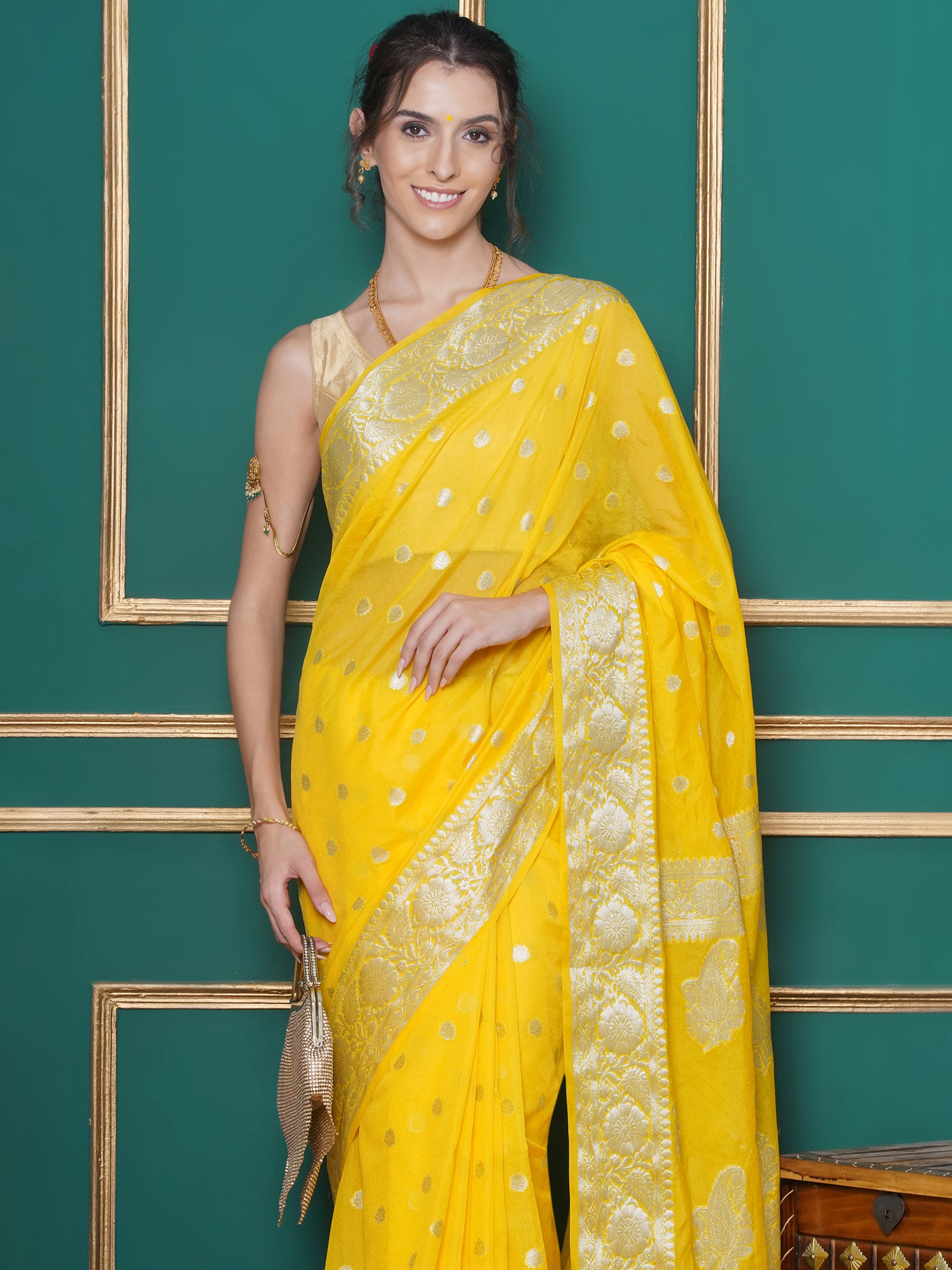 Banarasi Georgette Woven Zari Buti Saree - Yellow