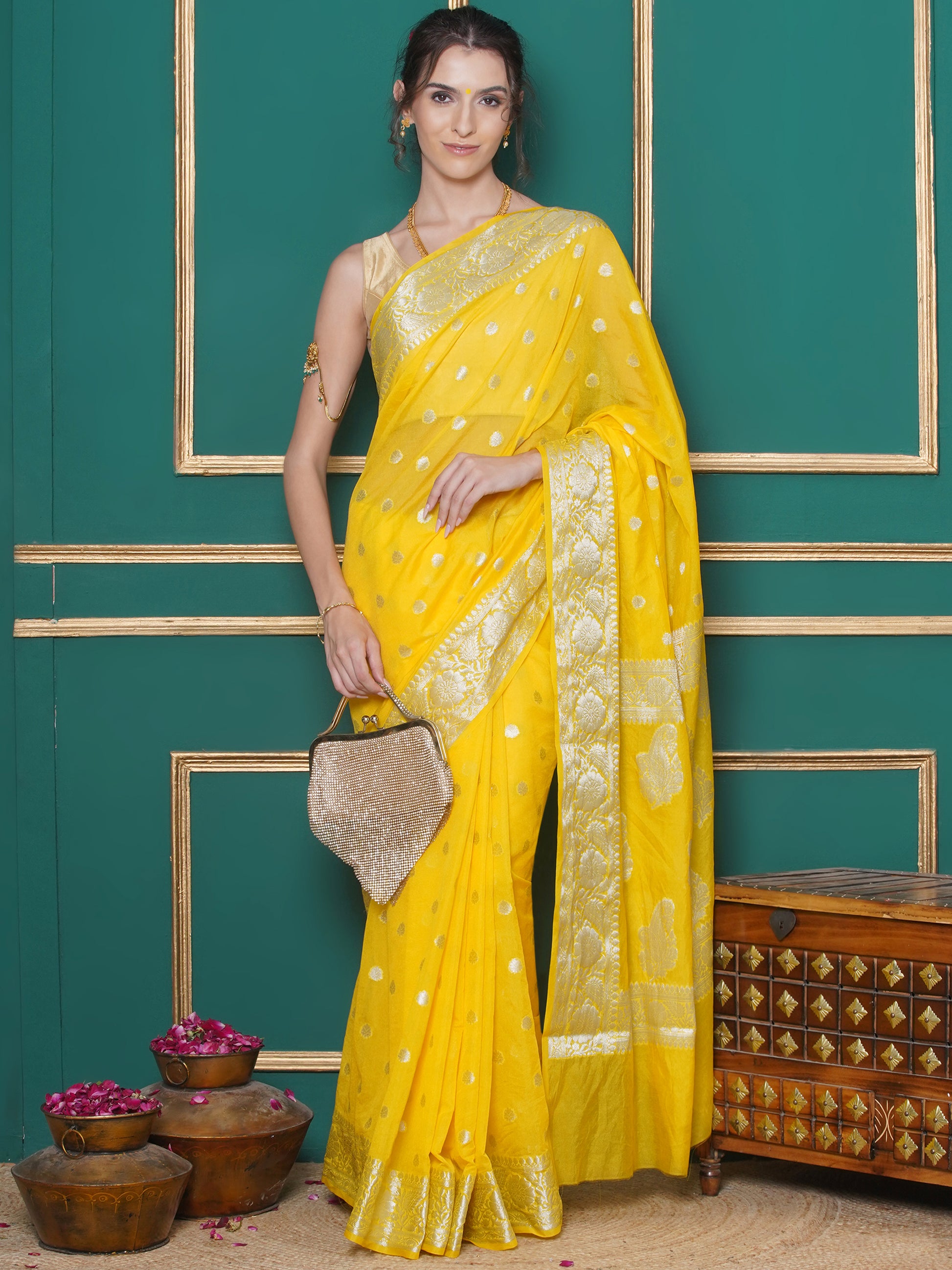 Banarasi Georgette Woven Zari Buti Saree - Yellow