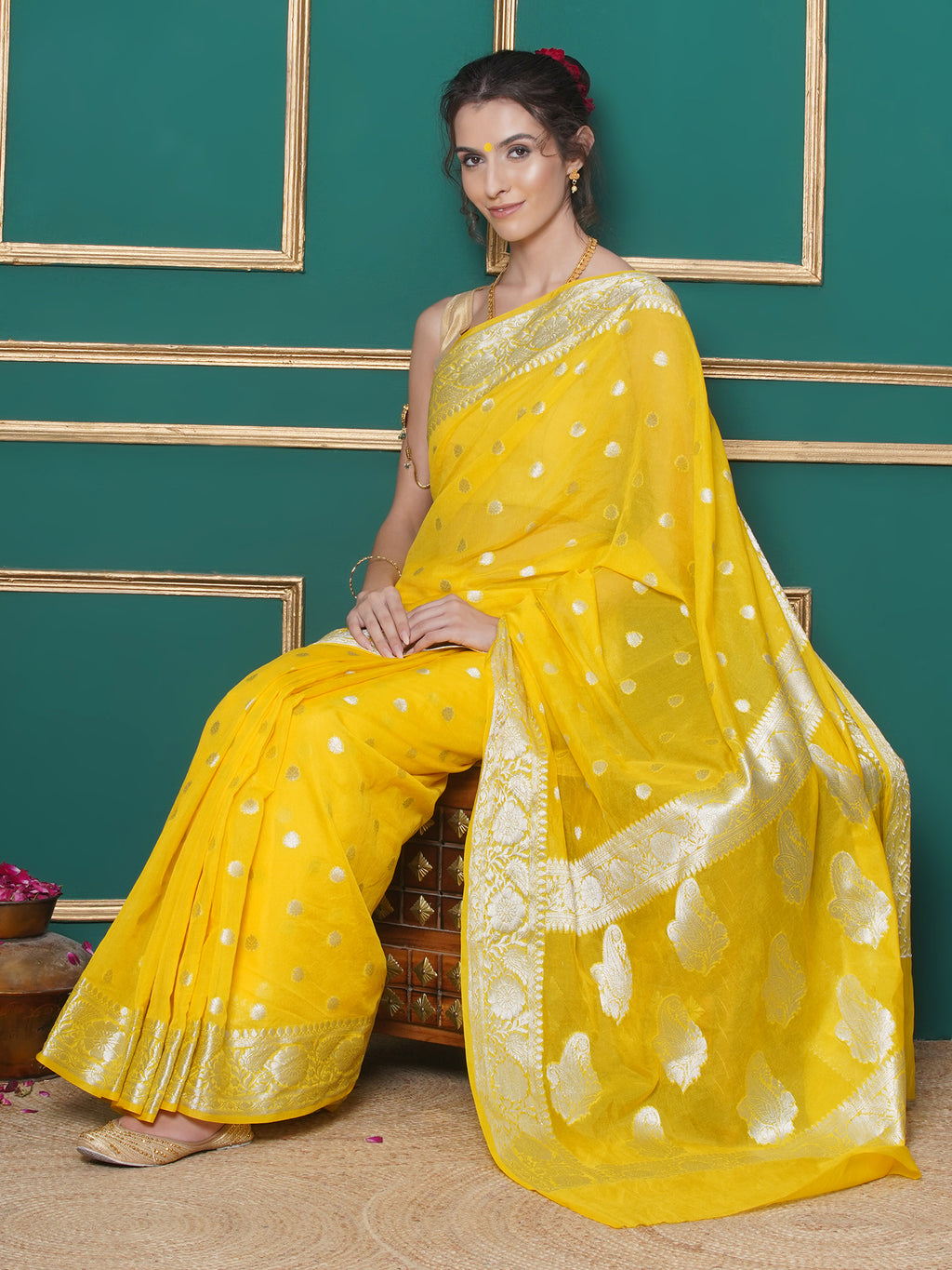 Banarasi Georgette Woven Zari Buti Saree - Yellow