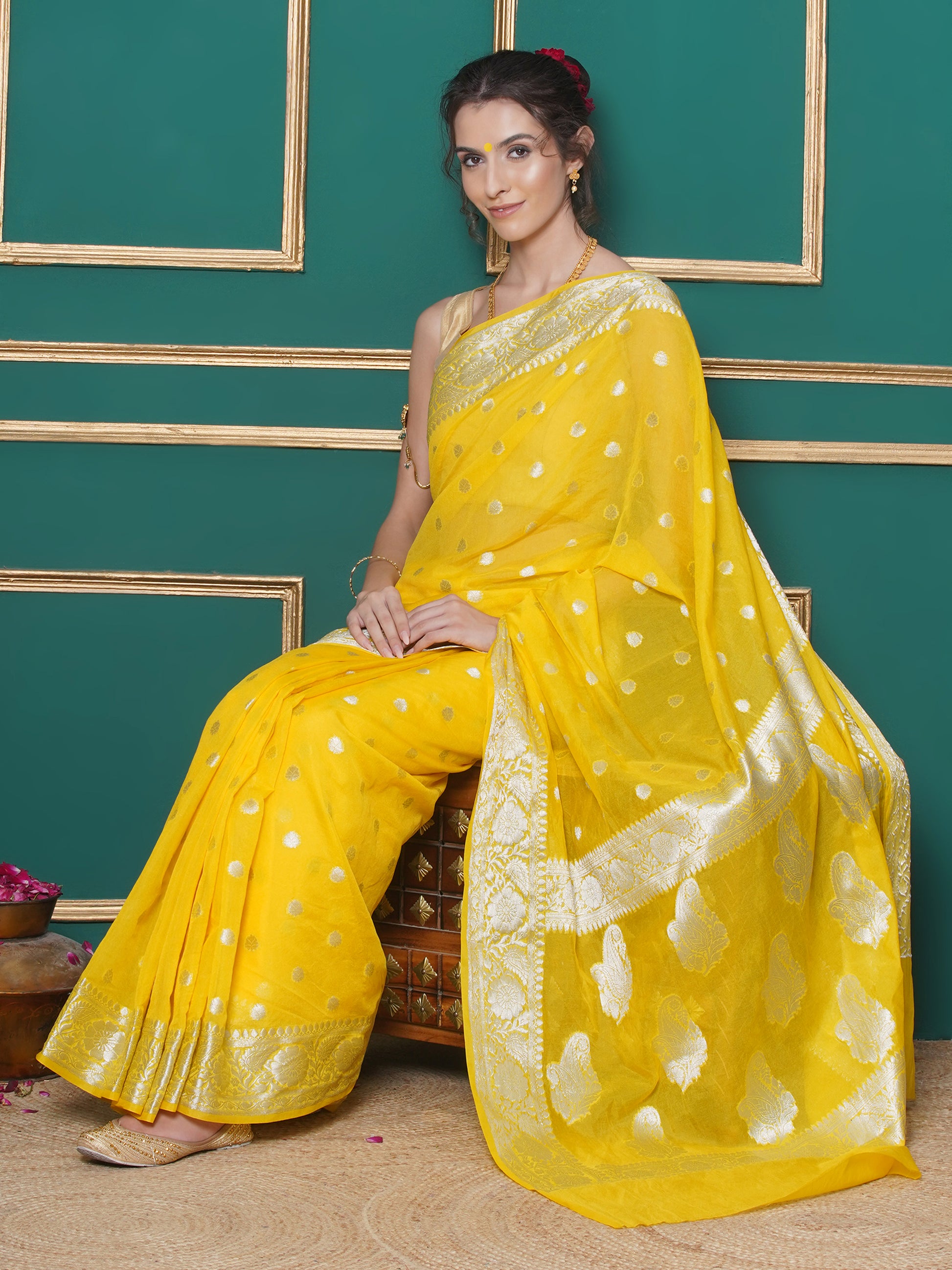 Banarasi Georgette Woven Zari Buti Saree - Yellow
