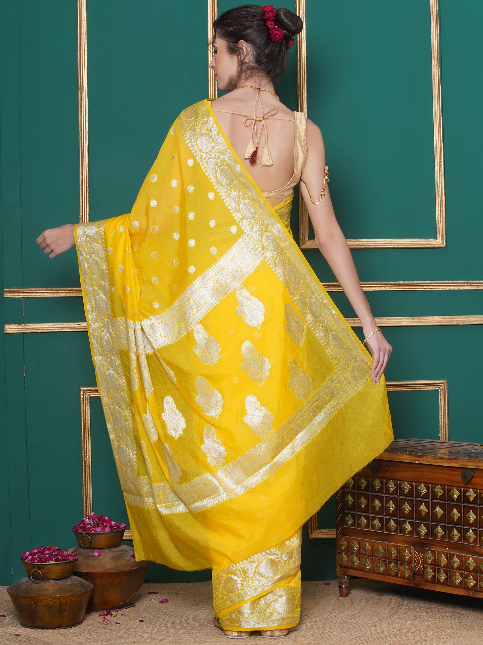 Banarasi Georgette Woven Zari Buti Saree - Yellow