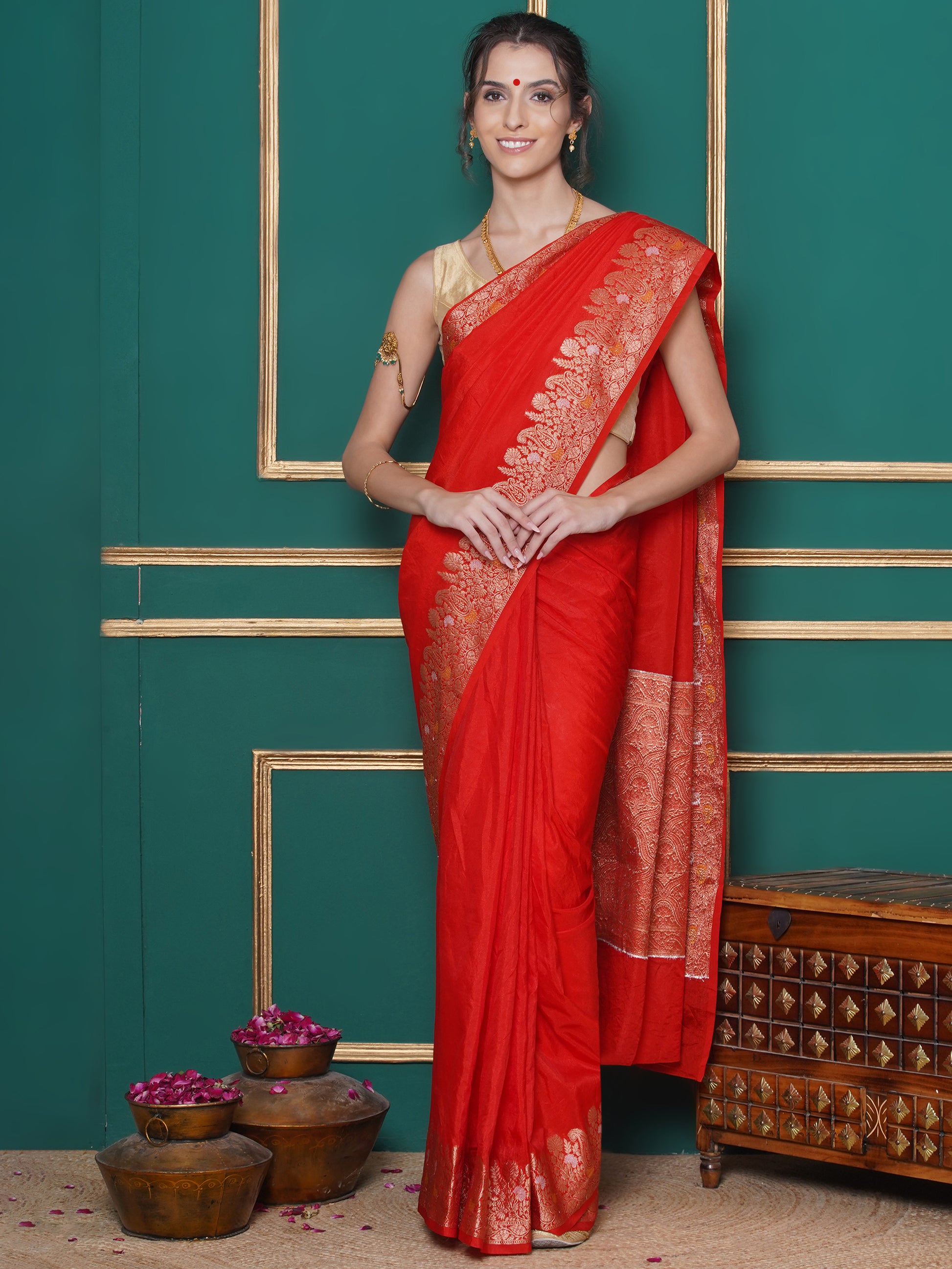Banarasi Raw Silk With Zari Border - Rosso Corsa Red