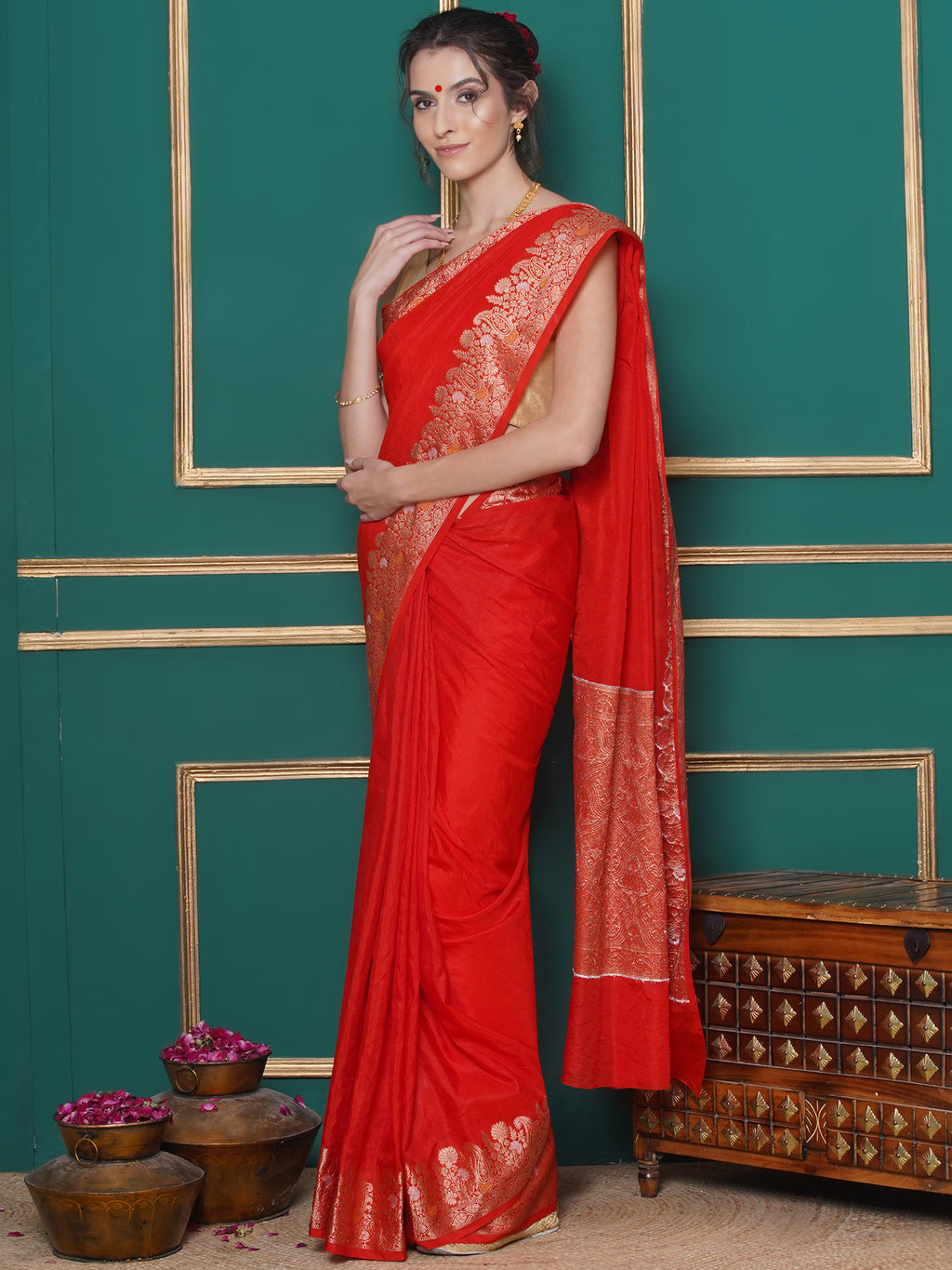 Banarasi Raw Silk With Zari Border - Rosso Corsa Red