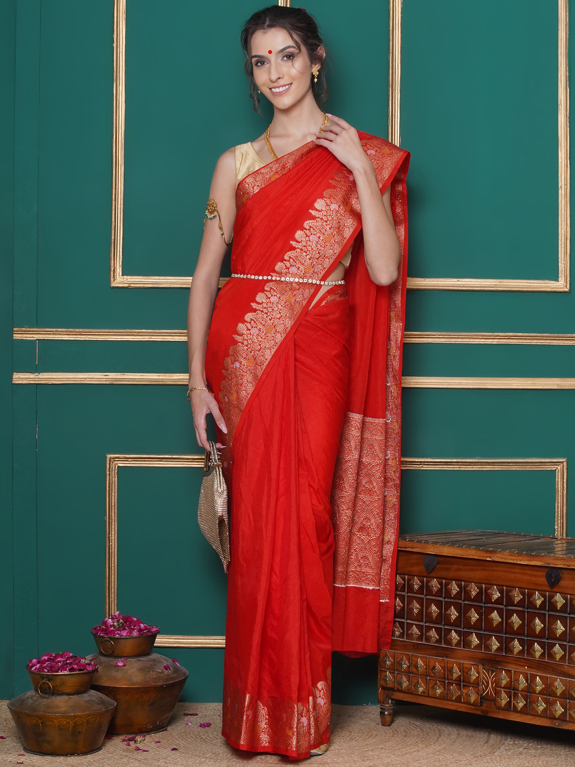 Banarasi Raw Silk With Zari Border - Rosso Corsa Red