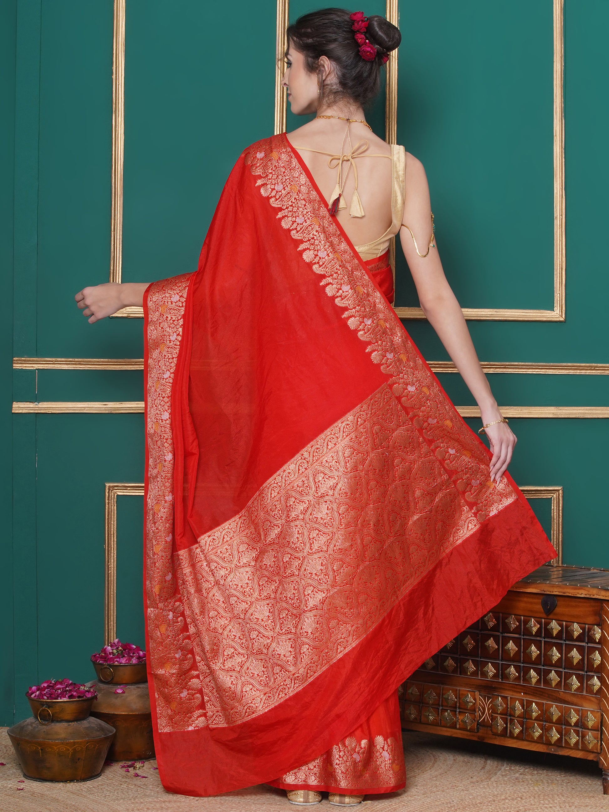 Banarasi Raw Silk With Zari Border - Rosso Corsa Red