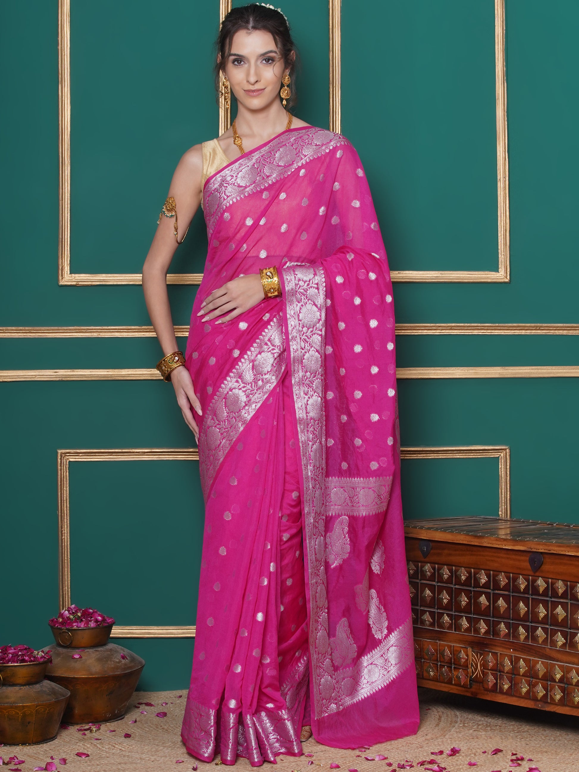 Banarasi Georgette Woven Zari Buti Saree - Magenta Pink