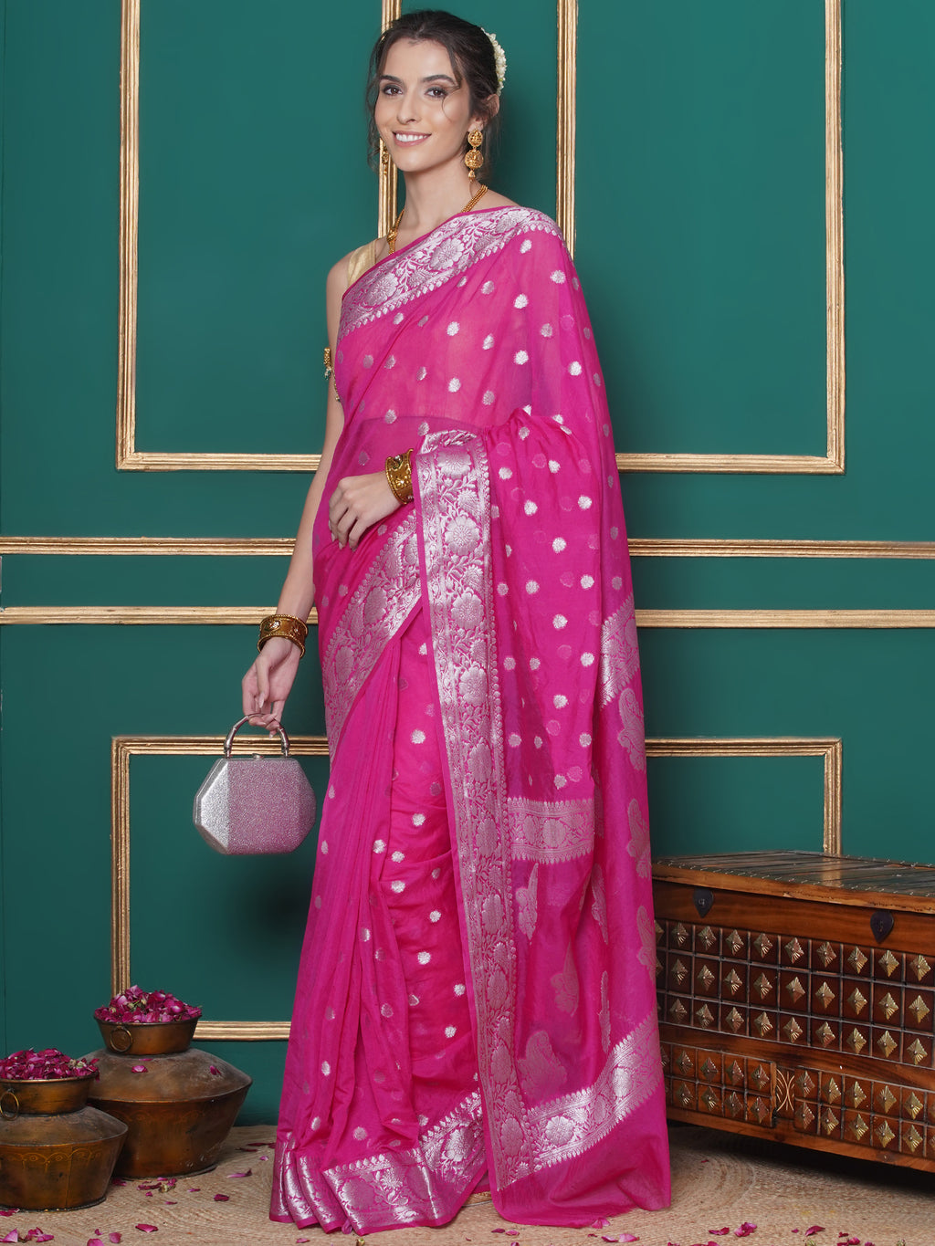 Banarasi Georgette Woven Zari Buti Saree - Magenta Pink