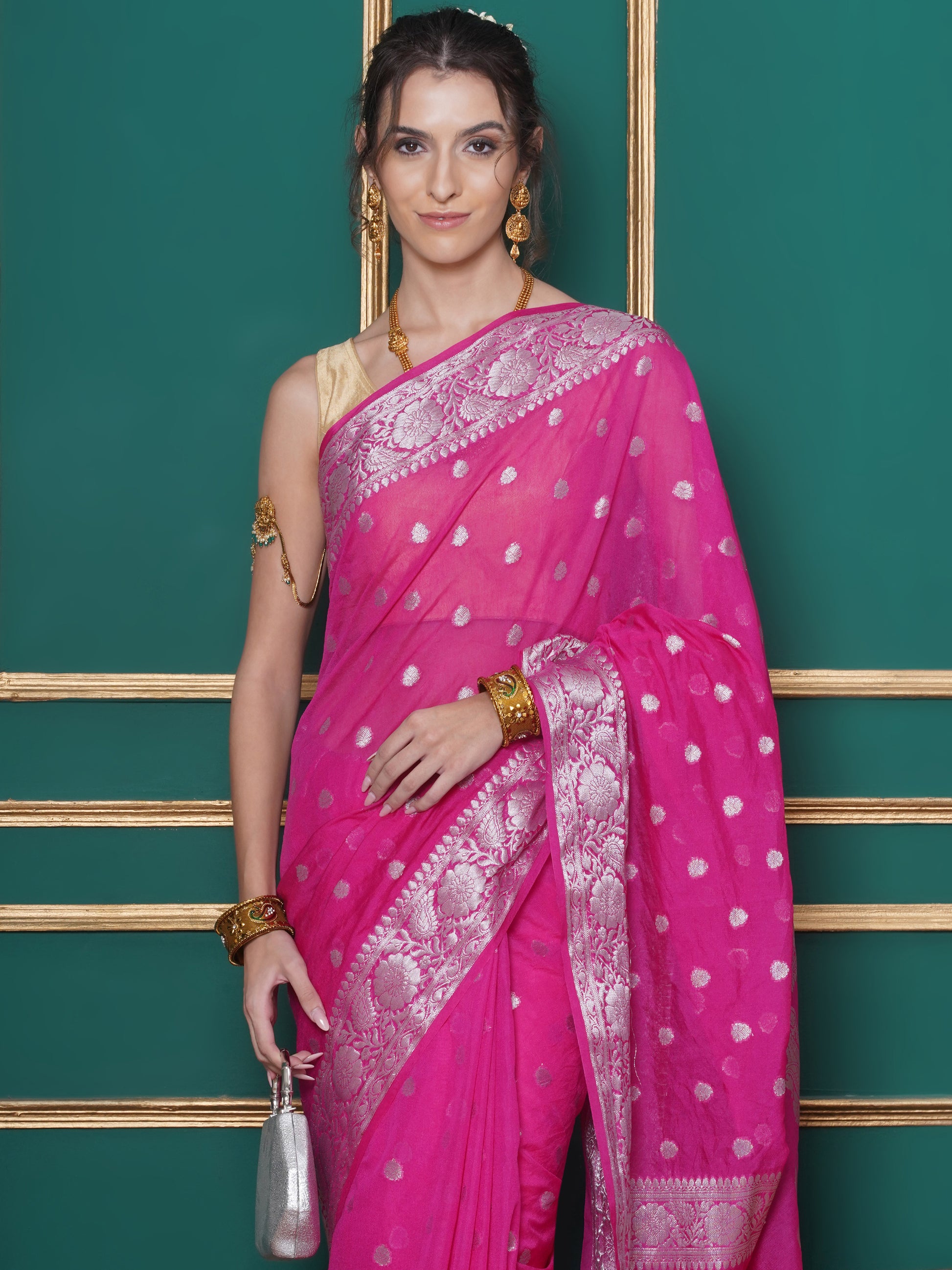 Banarasi Georgette Woven Zari Buti Saree - Magenta Pink
