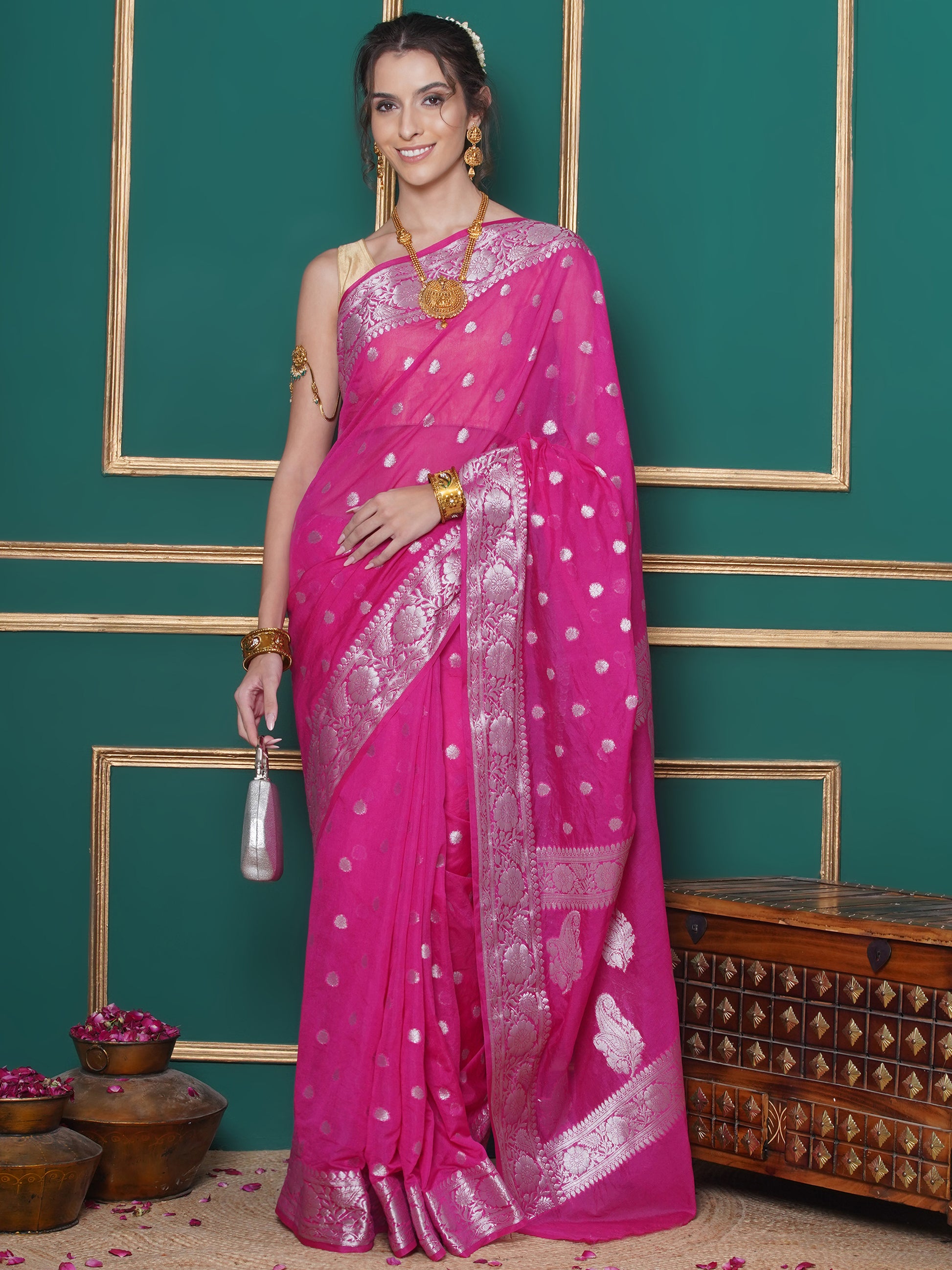 Banarasi Georgette Woven Zari Buti Saree - Magenta Pink