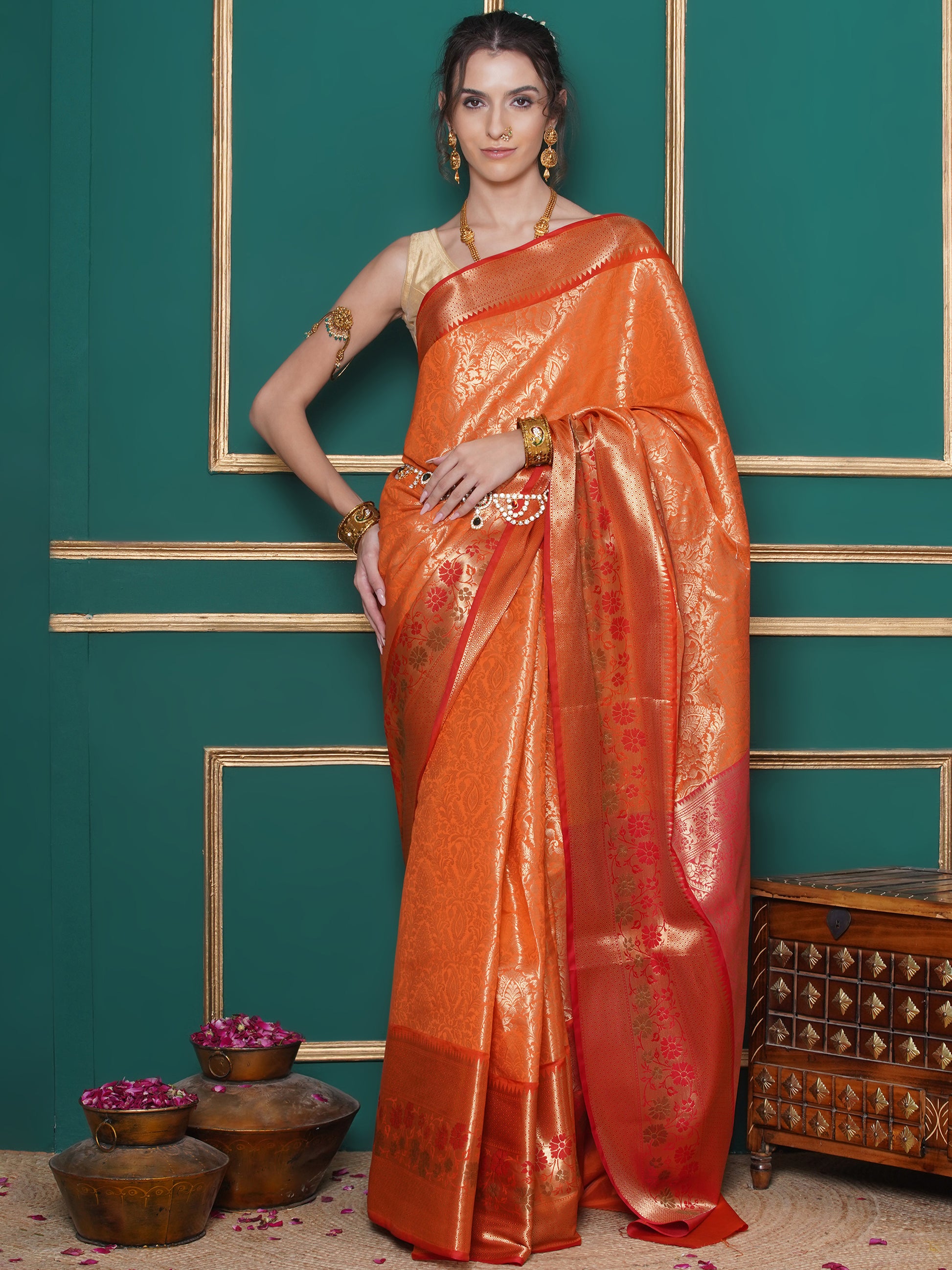 Banarasi Bridal Tissue Saree - Orange