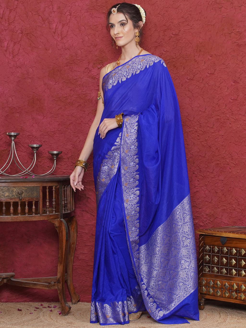 Banarasi Raw Silk With Zari Border - Deep Blue
