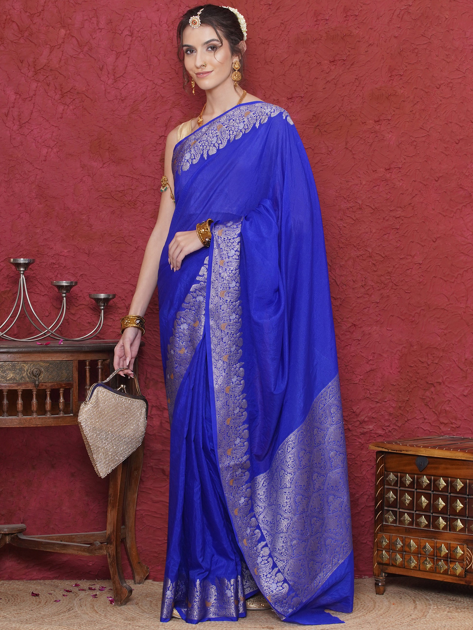Banarasi Raw Silk With Zari Border - Deep Blue