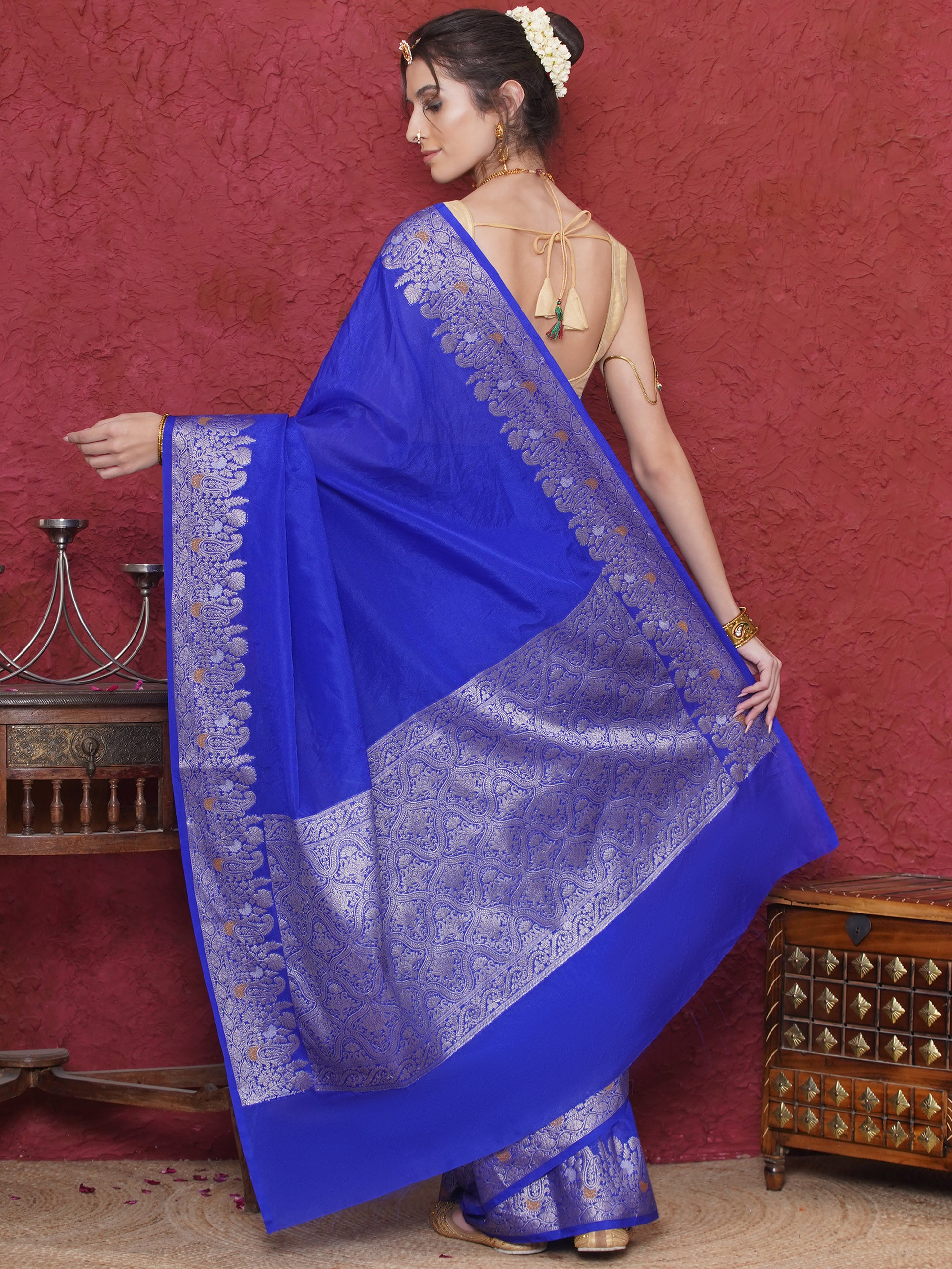 Banarasi Raw Silk With Zari Border - Deep Blue