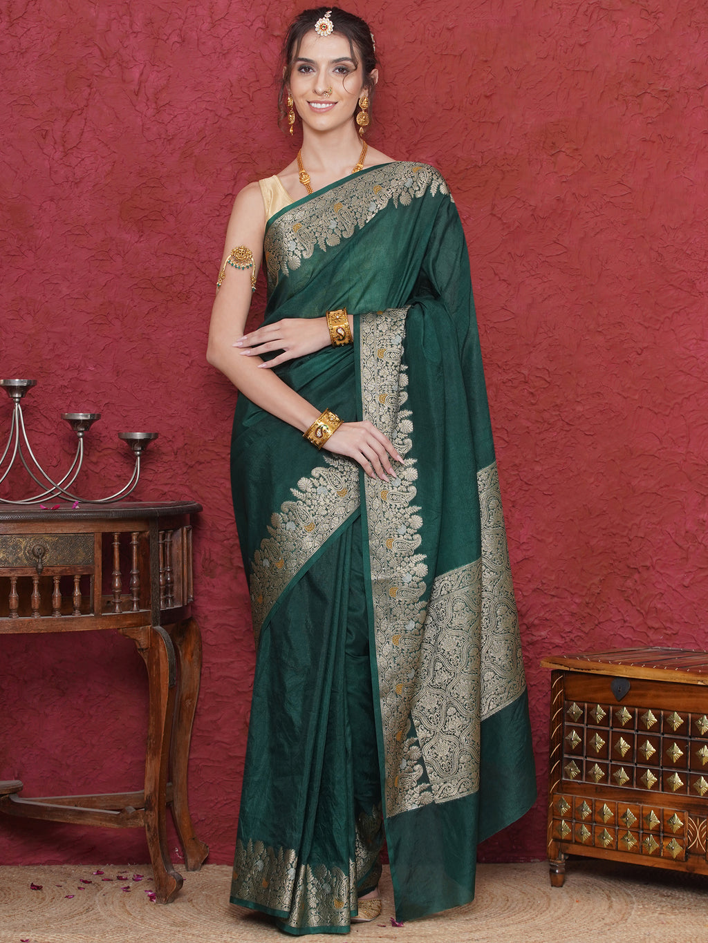 Banarasi Raw Silk With Zari Border - Phthalo Green