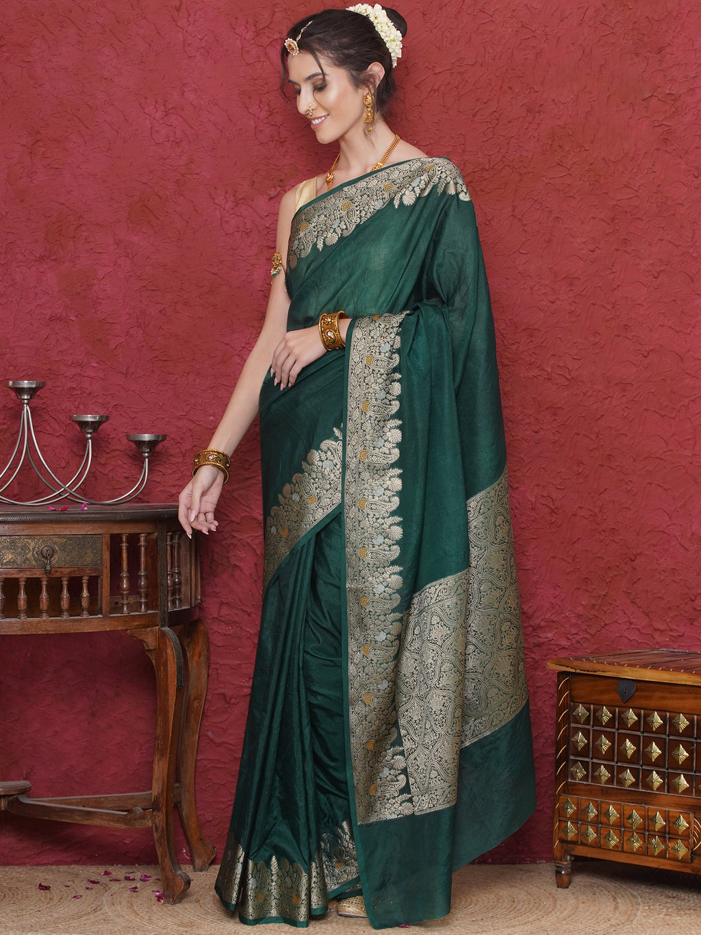 Banarasi Raw Silk With Zari Border - Phthalo Green