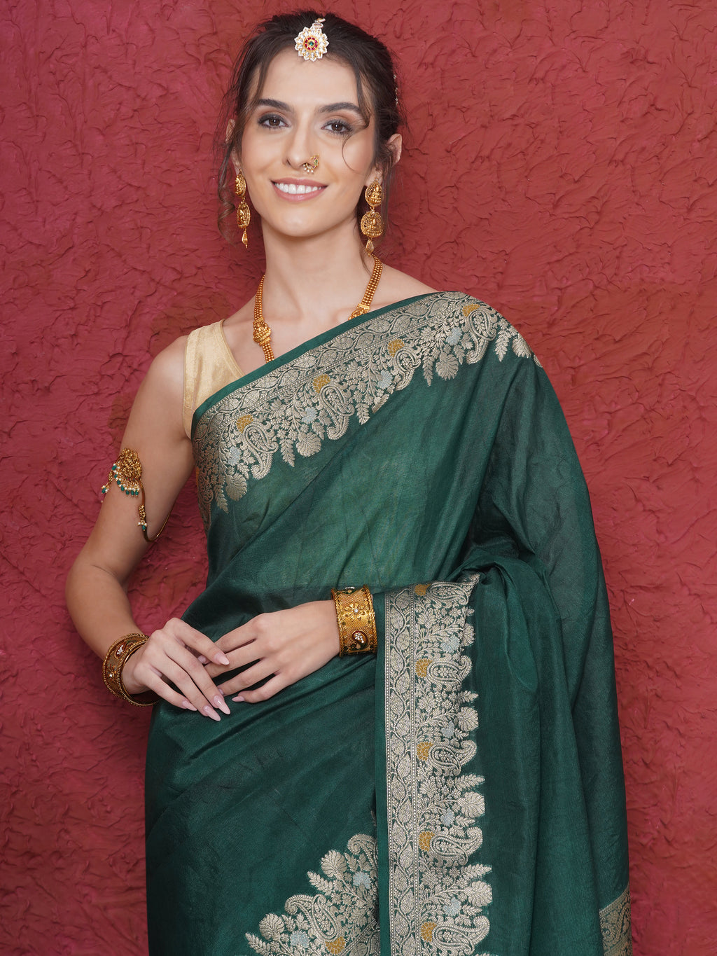 Banarasi Raw Silk With Zari Border - Phthalo Green