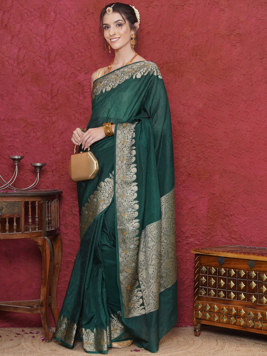 Banarasi Raw Silk With Zari Border - Phthalo Green