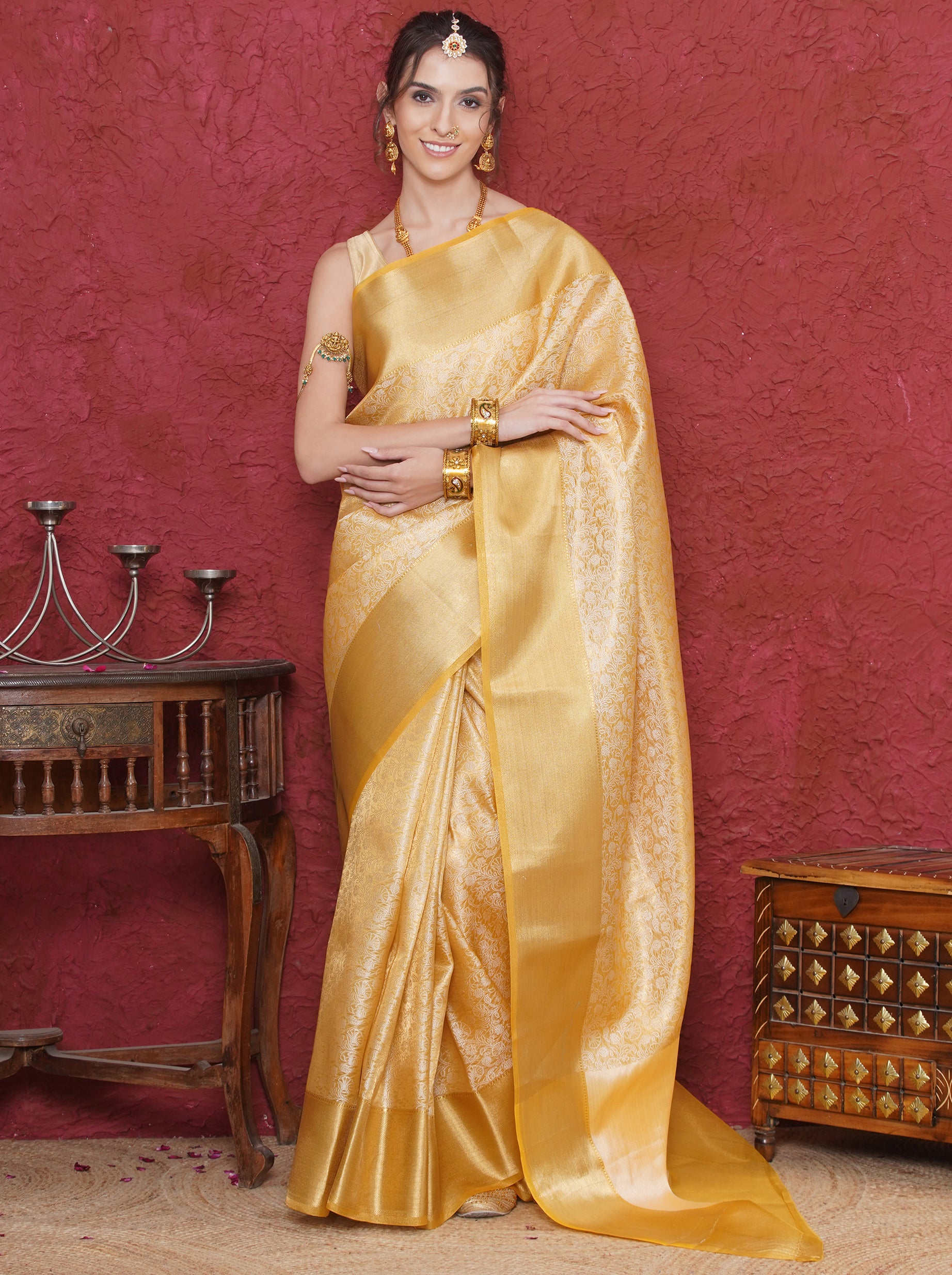Banarasi Tissue Tanchoi Zari Border Saree - Yellow Gold