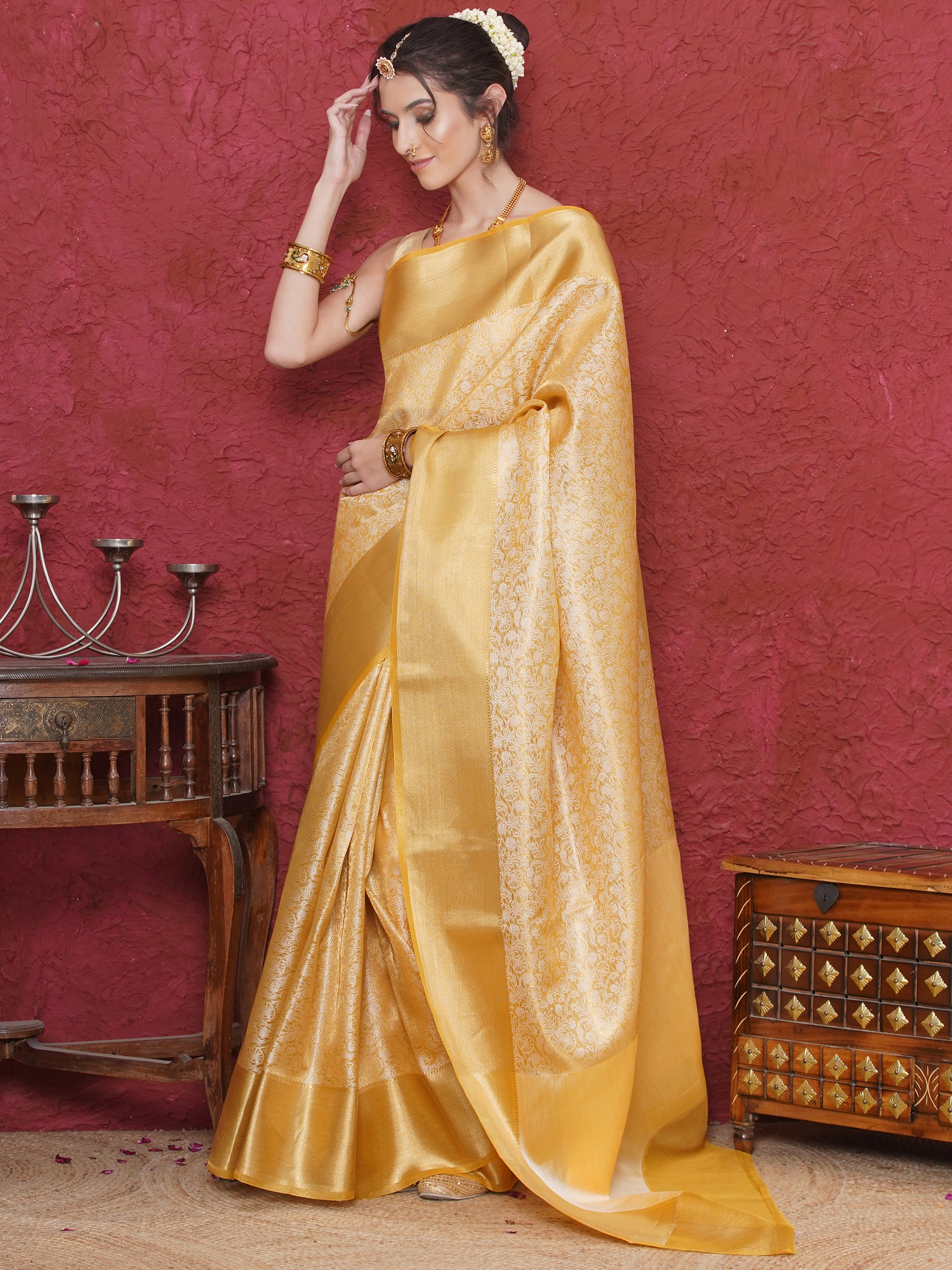 Banarasi Tissue Tanchoi Zari Border Saree - Yellow Gold