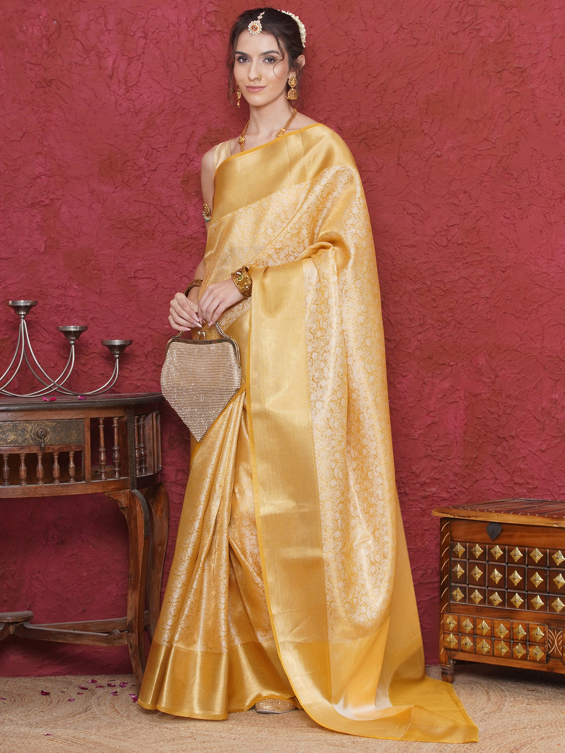 Banarasi Tissue Tanchoi Zari Border Saree - Yellow Gold