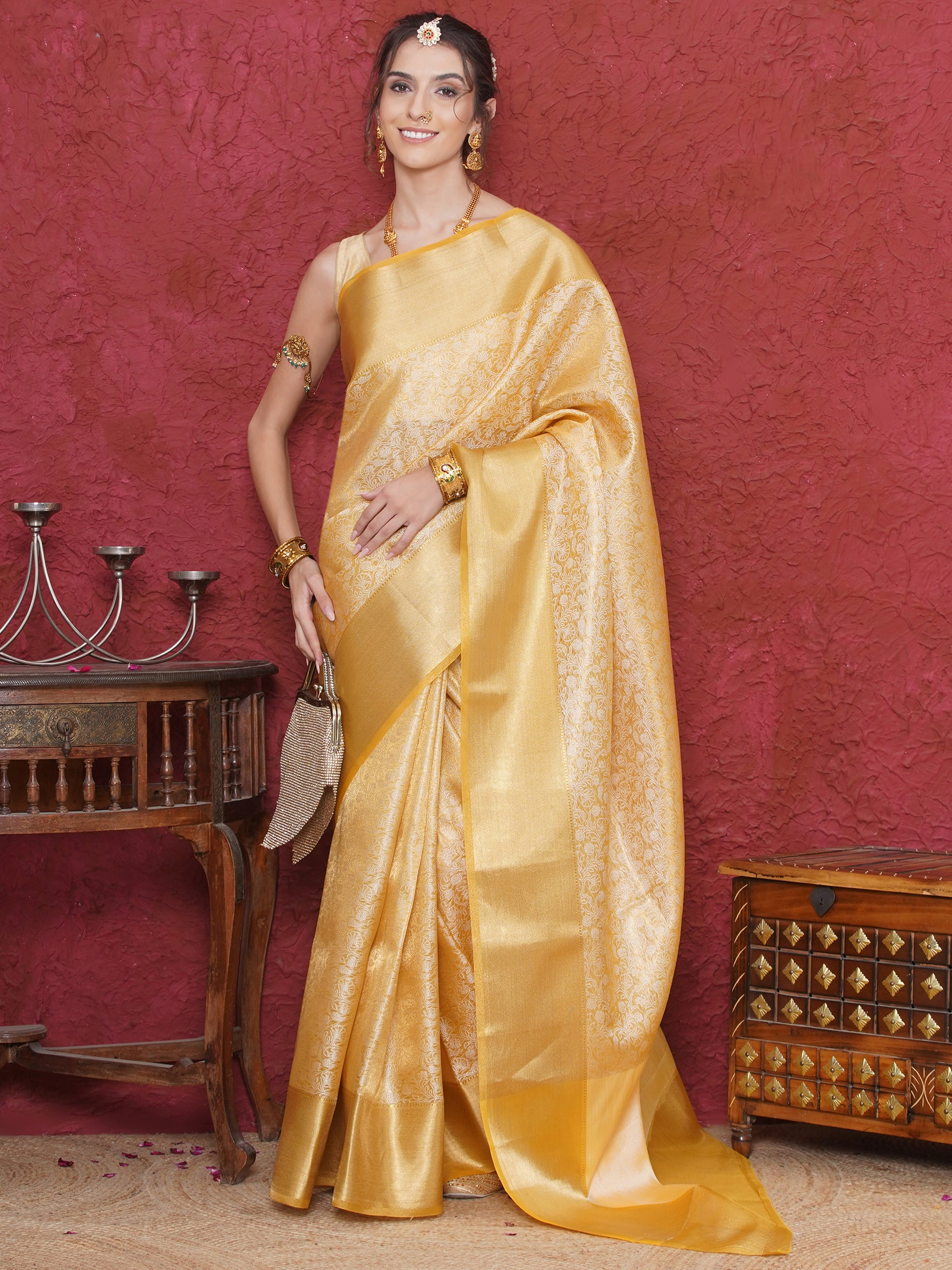 Banarasi Tissue Tanchoi Zari Border Saree - Yellow Gold