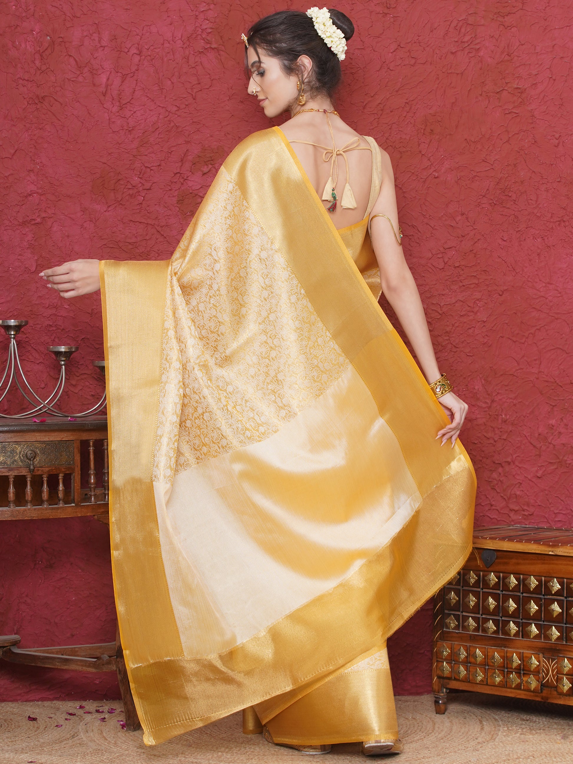 Banarasi Tissue Tanchoi Zari Border Saree - Yellow Gold