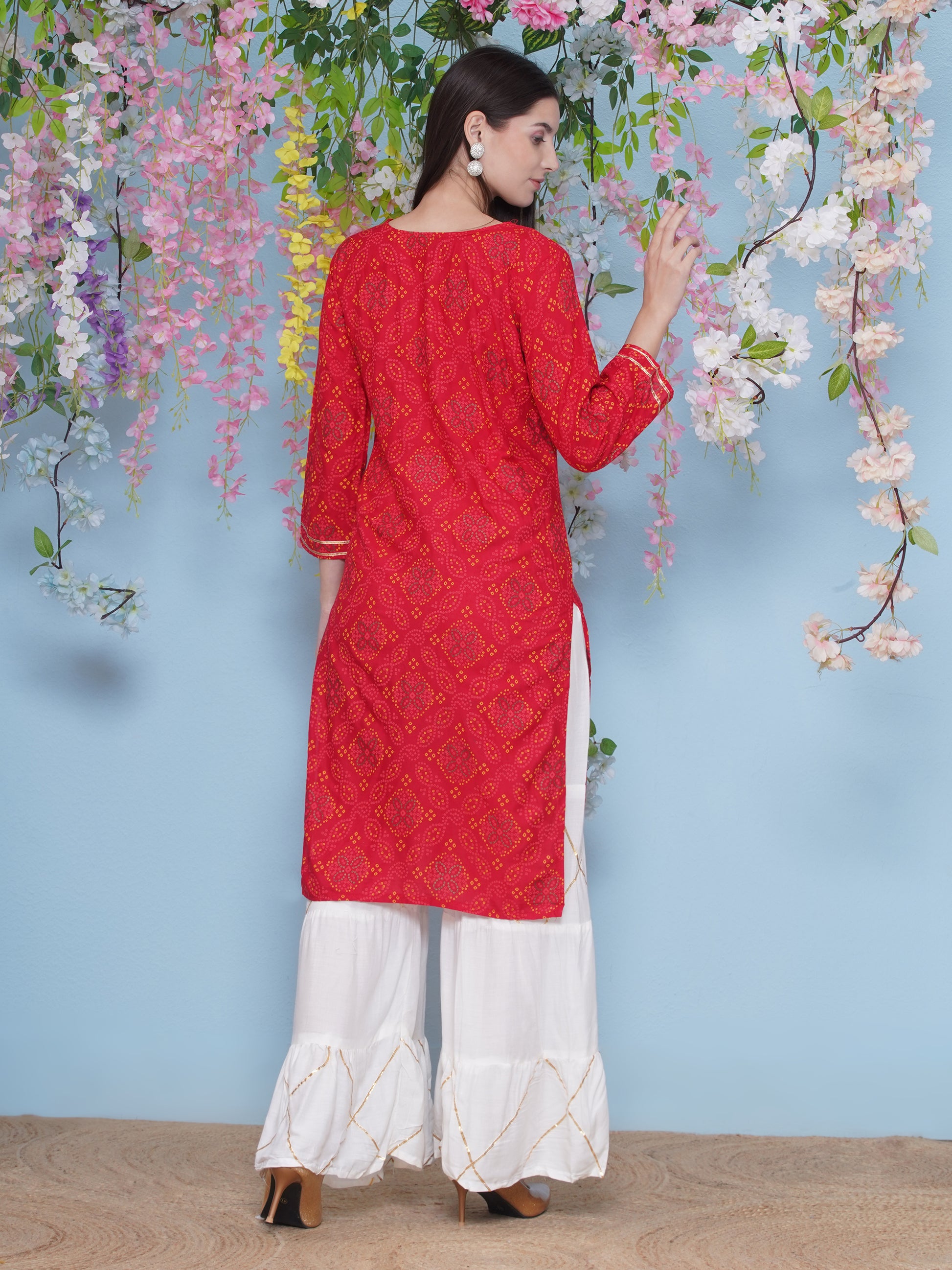 Gota Patti Printed Kurti Sharara Suit Set - Red