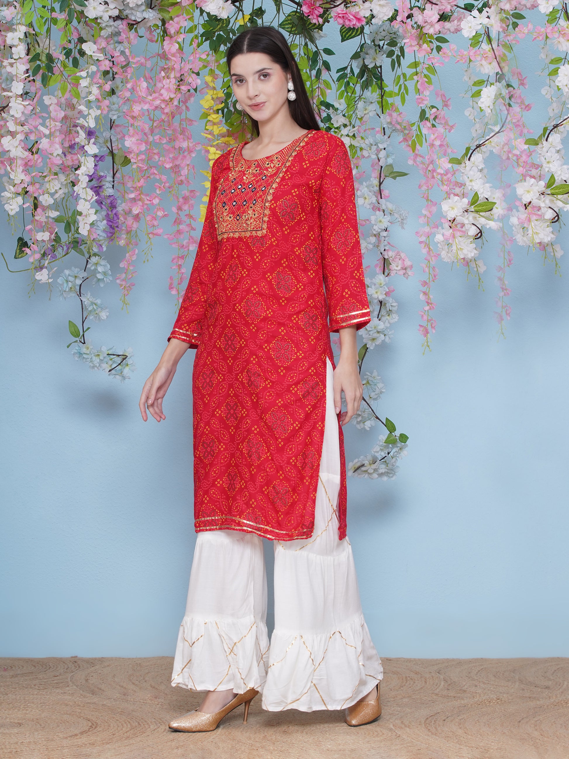 Gota Patti Printed Kurti Sharara Suit Set - Red