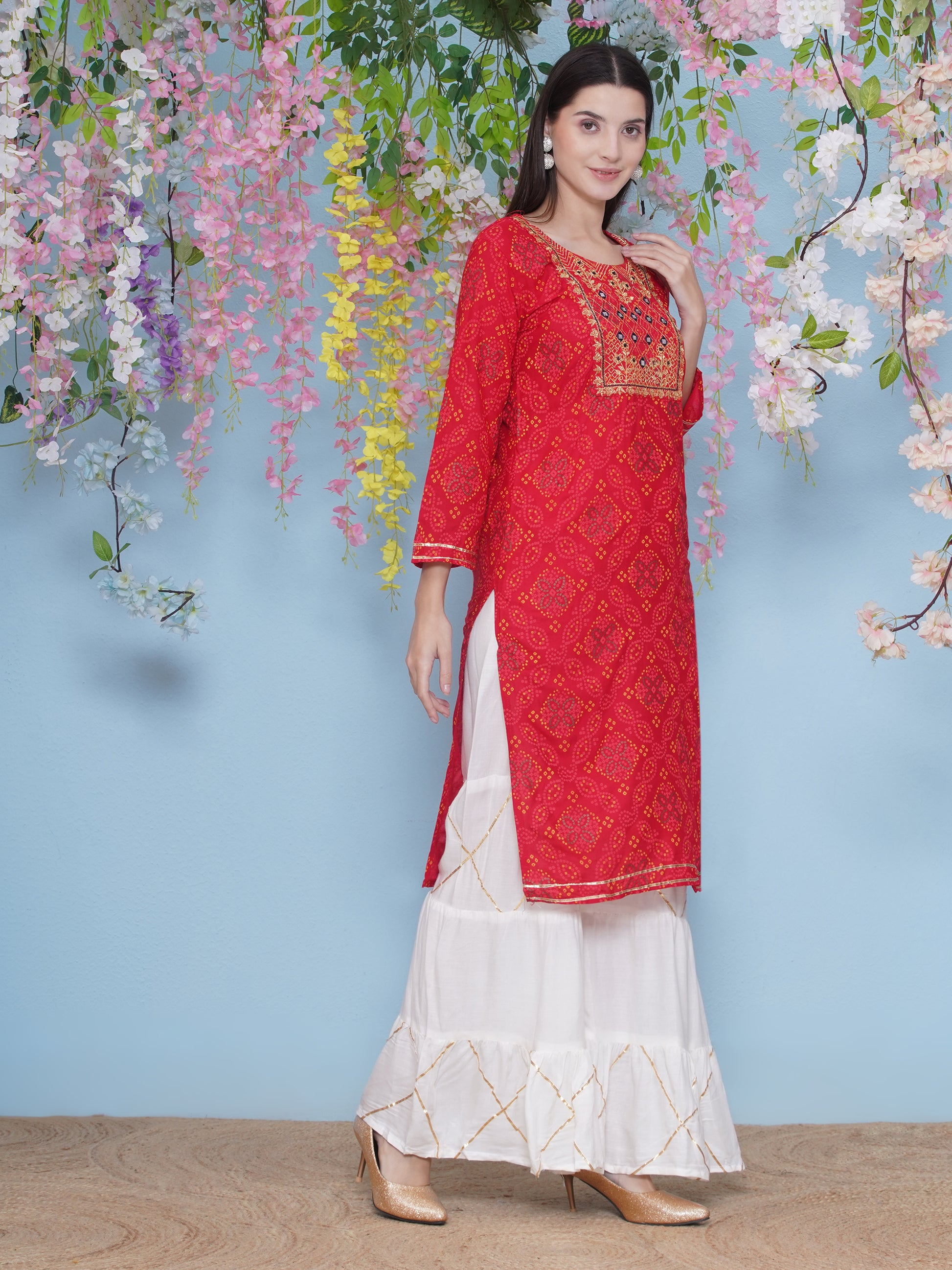Gota Patti Printed Kurti Sharara Suit Set - Red