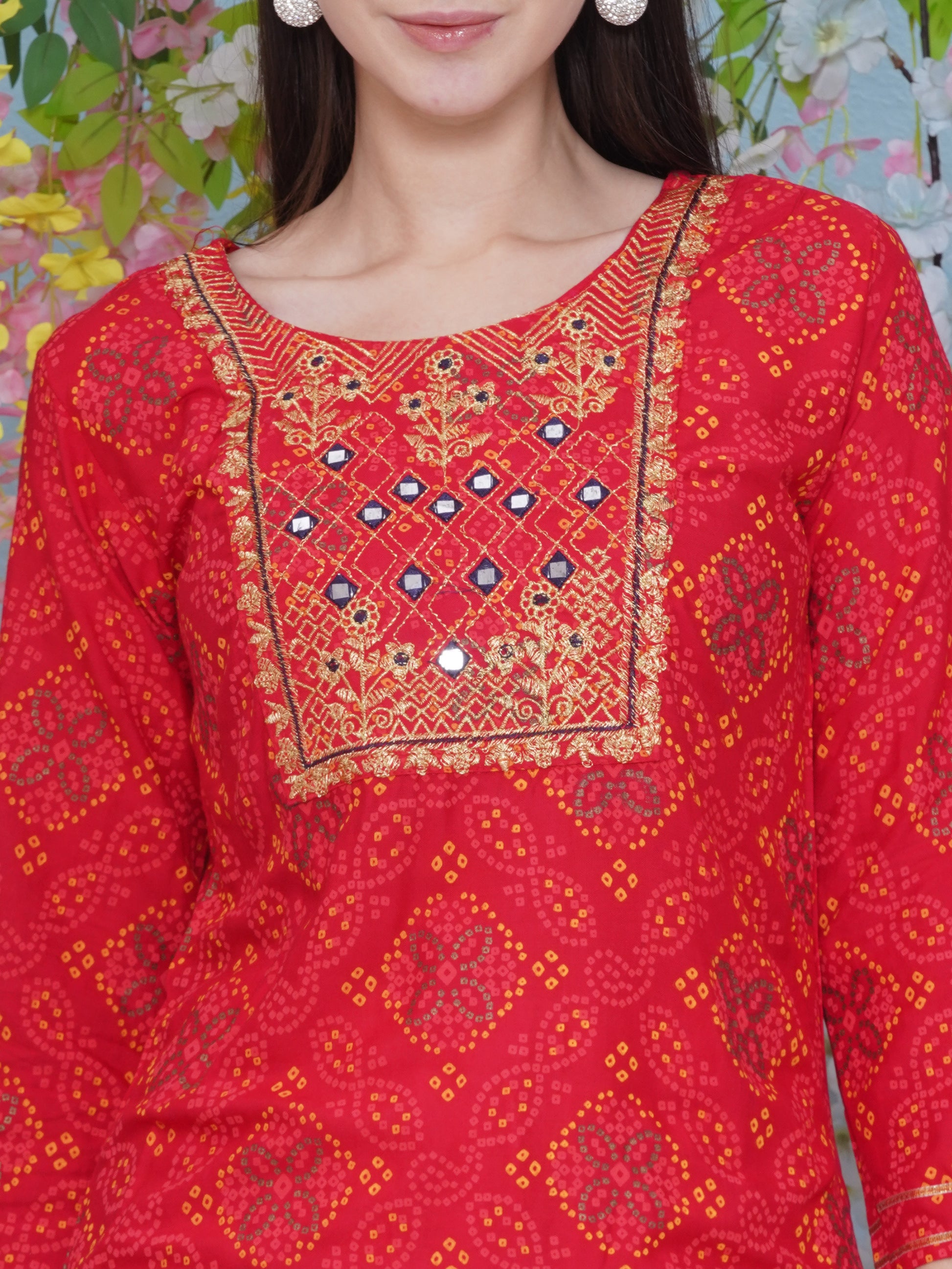 Gota Patti Printed Kurti Sharara Suit Set - Red