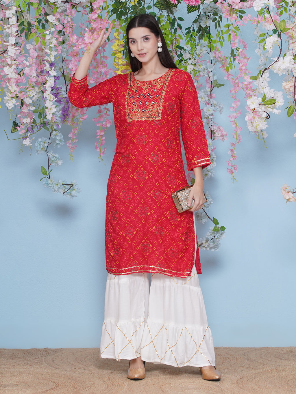 Gota Patti Printed Kurti Sharara Suit Set - Red
