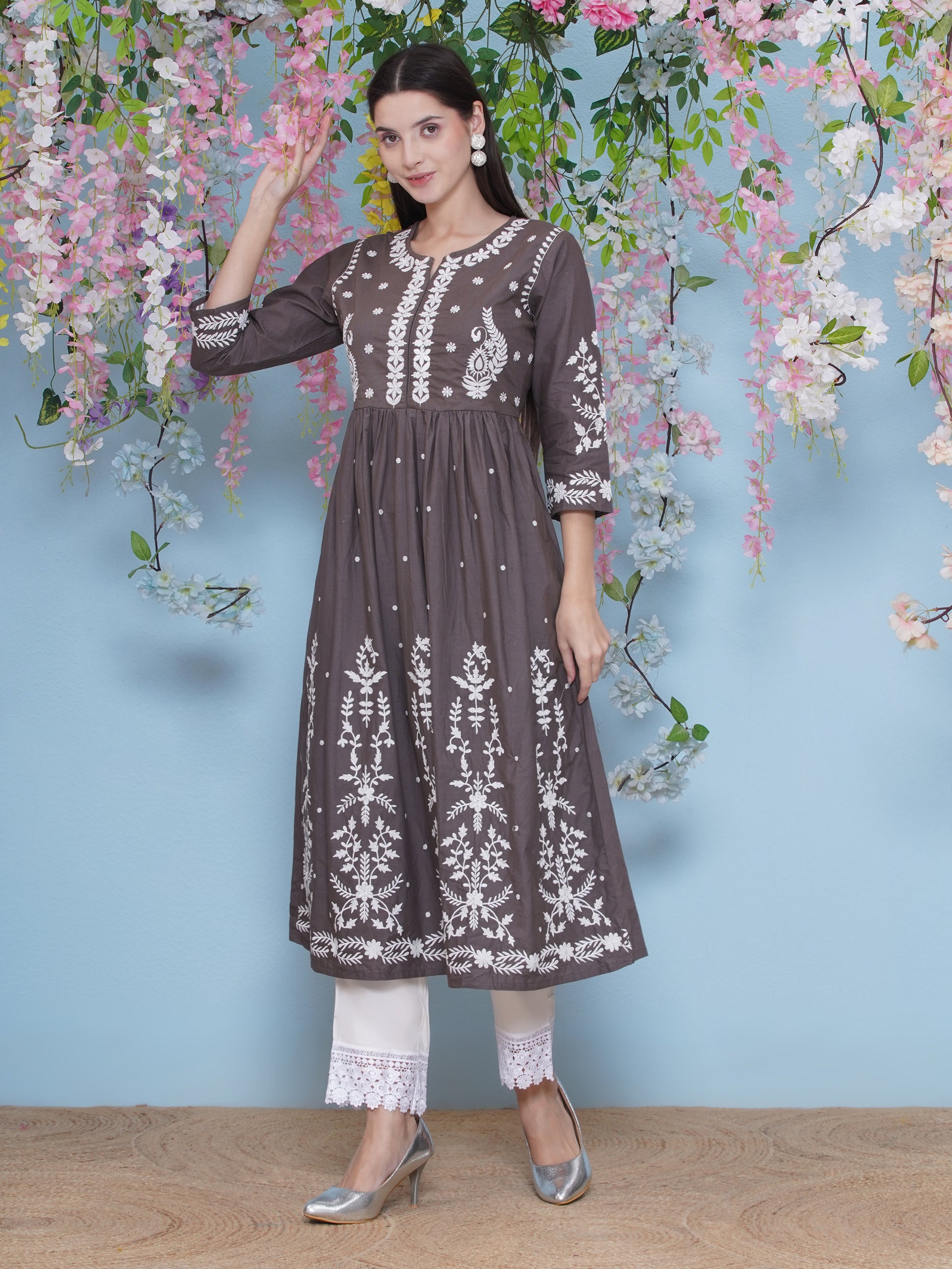Hand Embroidered Kurta Set - Light Brown