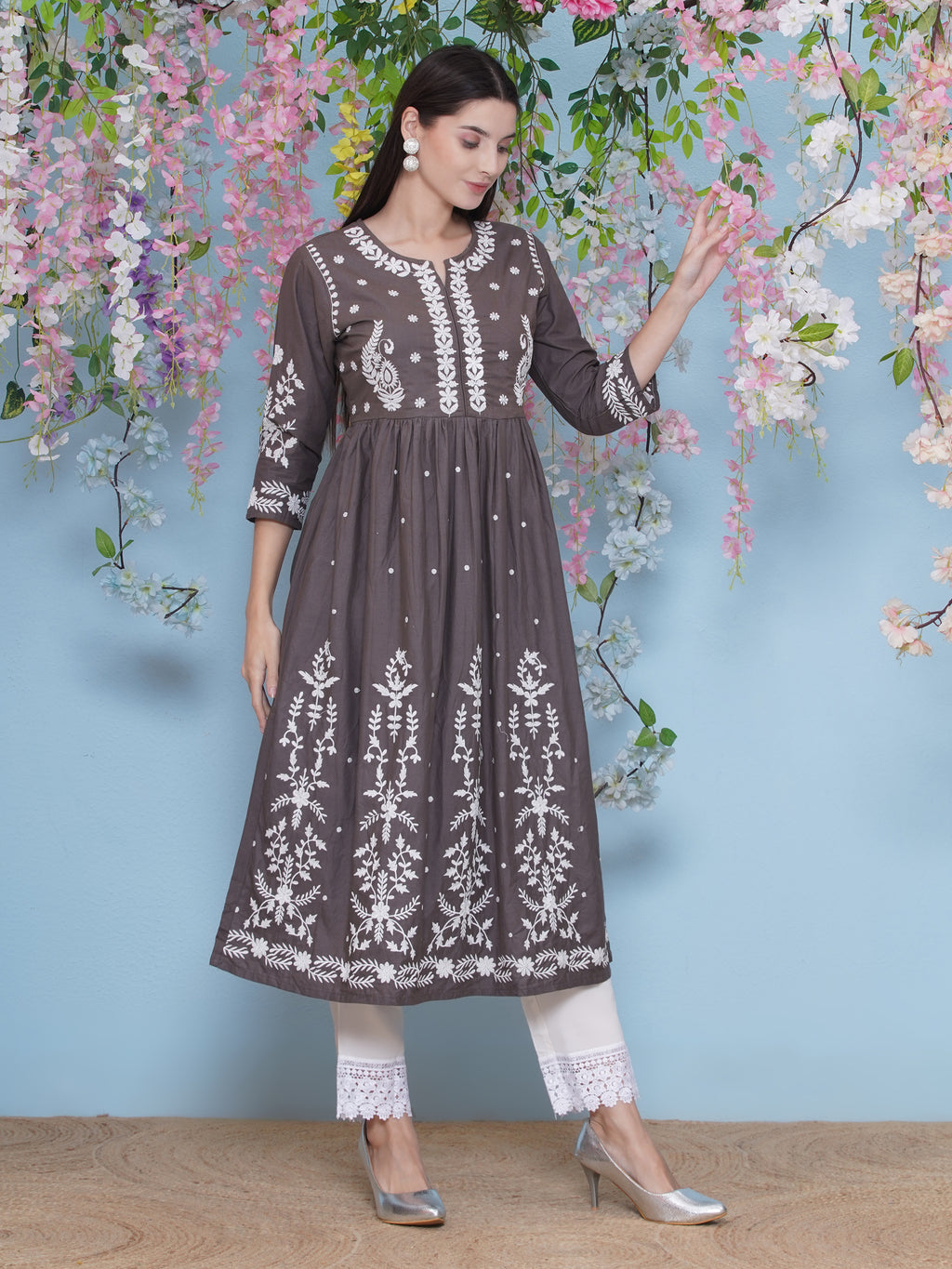 Hand Embroidered Kurta Set - Light Brown