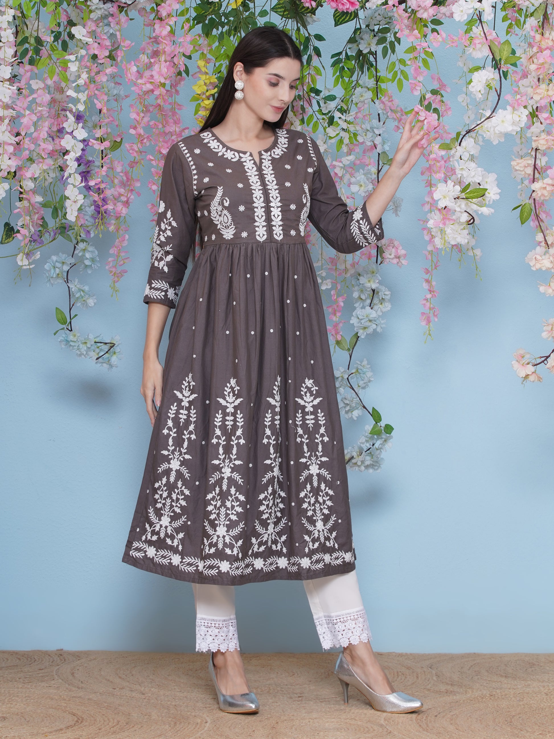 Hand Embroidered Kurta Set - Light Brown