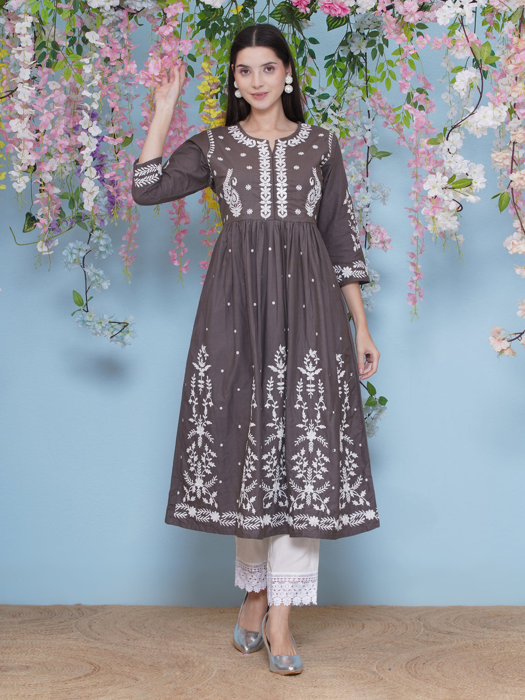 Hand Embroidered Kurta Set - Light Brown