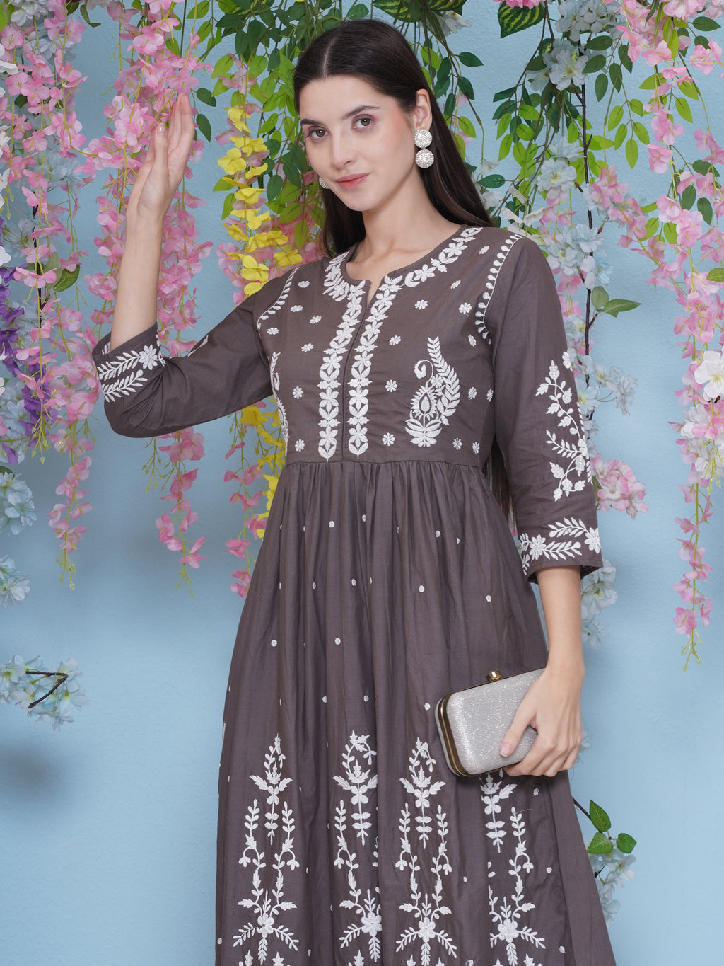Hand Embroidered Kurta Set - Light Brown