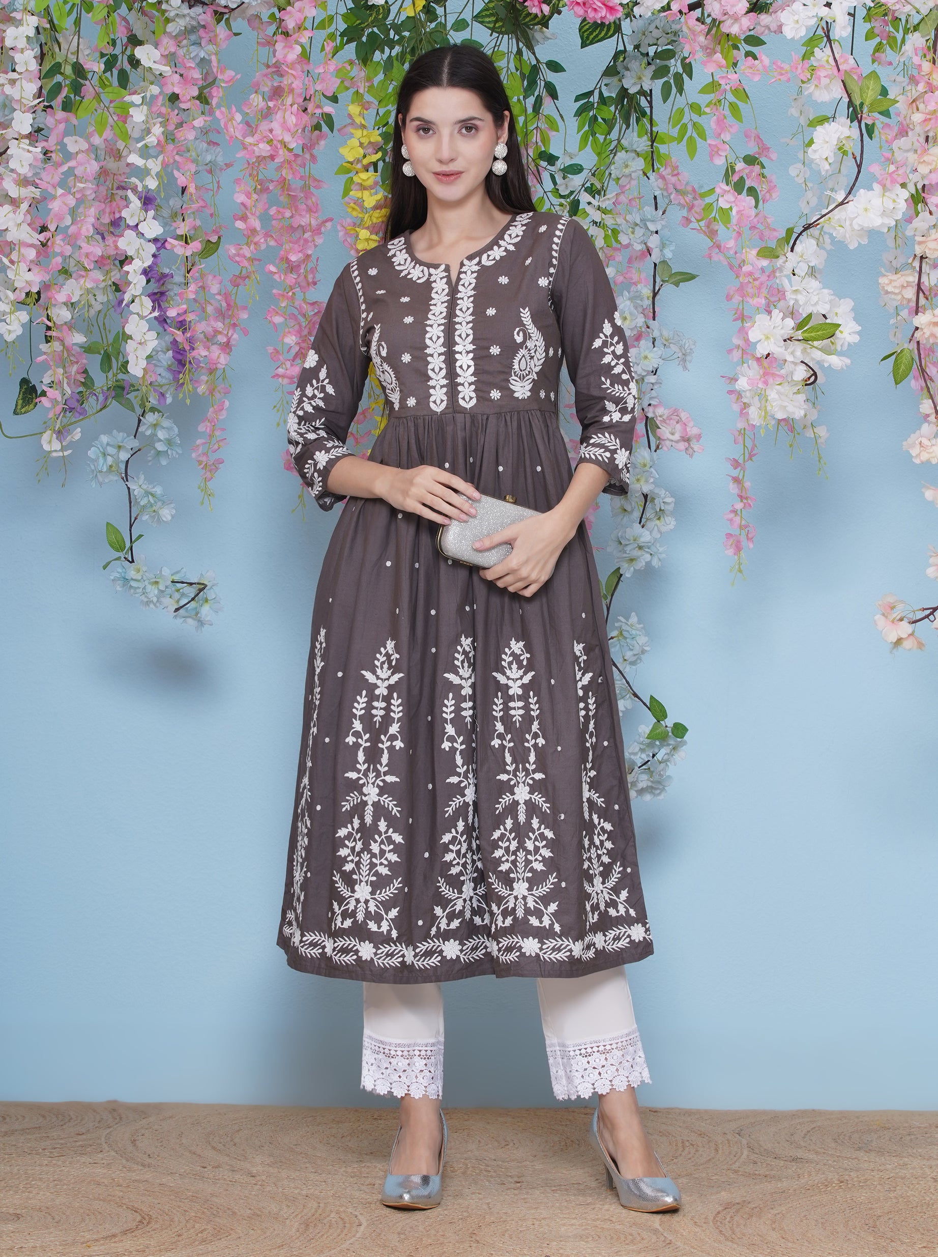 Embroidary A-line Kurti & Pant set - Light Brown