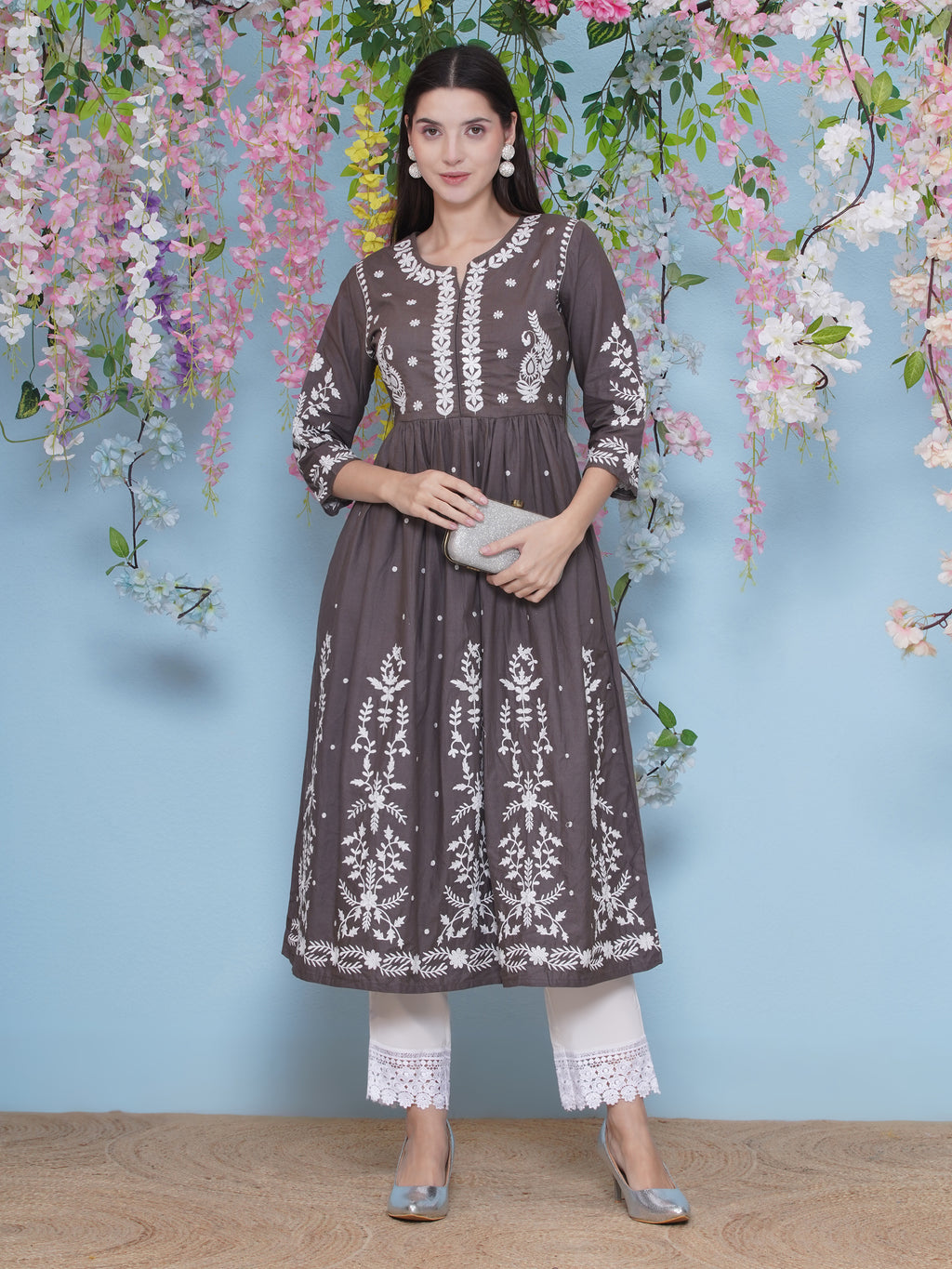 Hand Embroidered Kurta Set - Light Brown