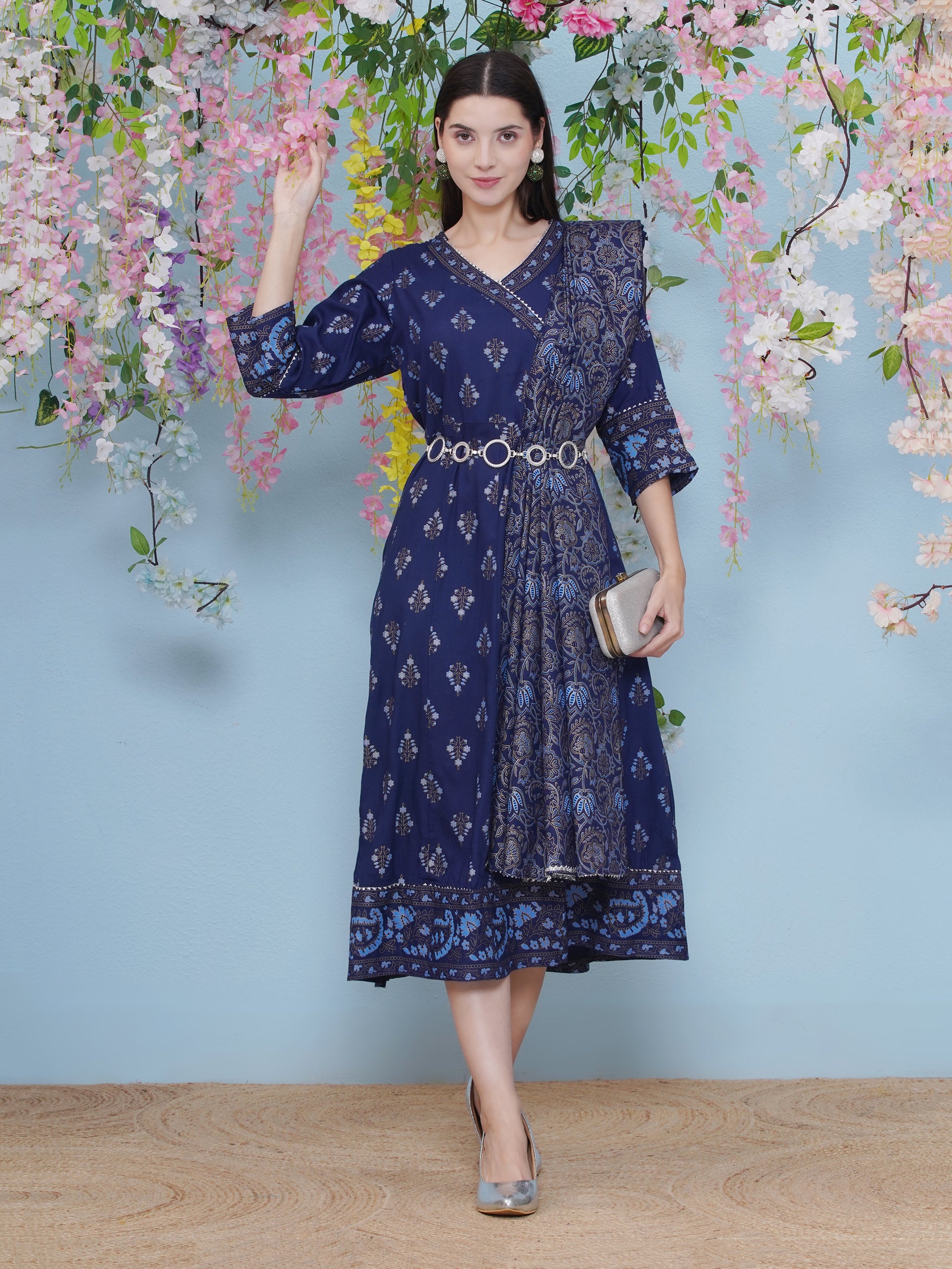 Angrakha Pattern Gown with Dupatta - Indigo