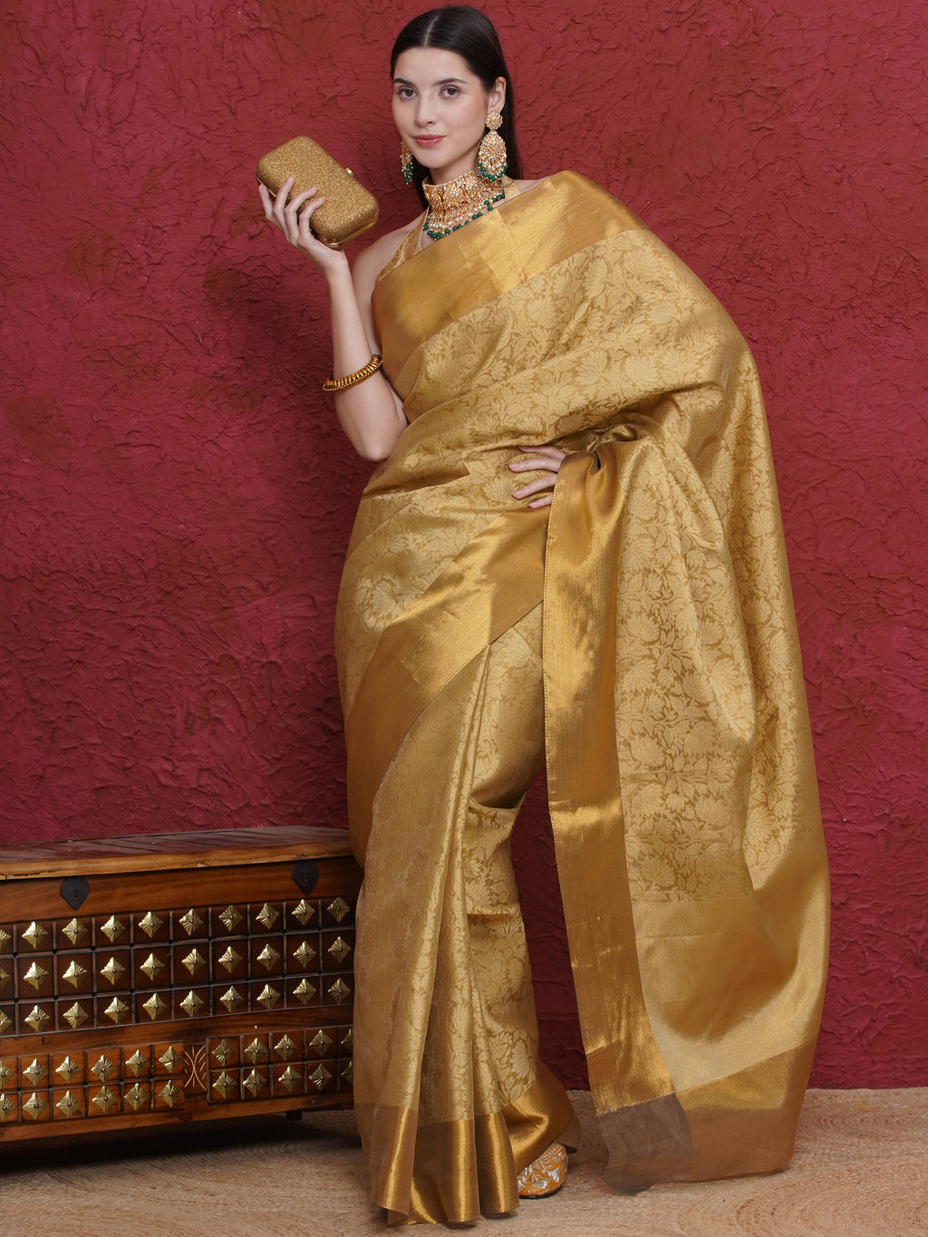 Banarasi Handwoven Tissue Tanchoi Brocade Border Saree - Gold