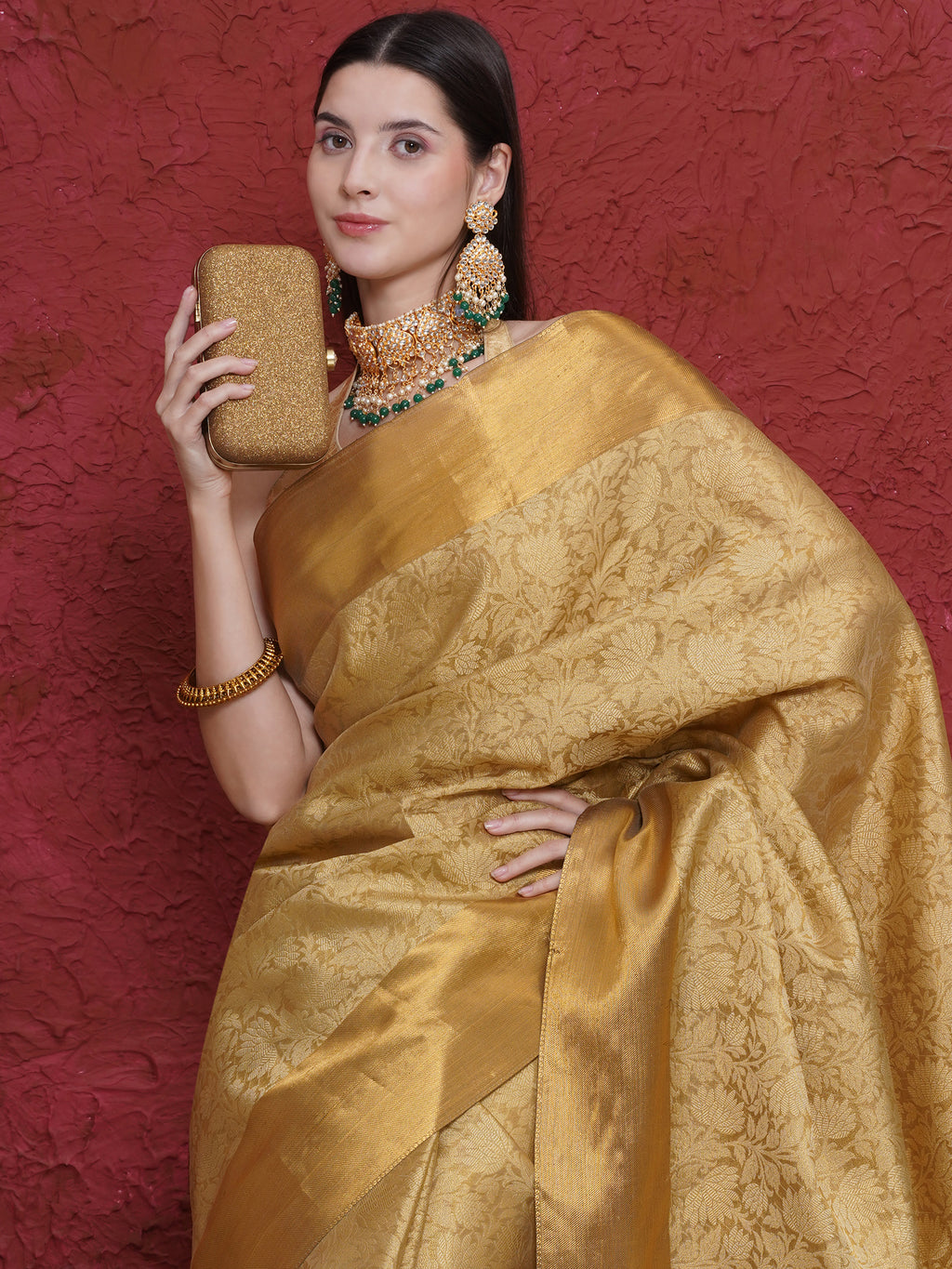 Banarasi Handwoven Tissue Tanchoi Brocade Border Saree - Gold