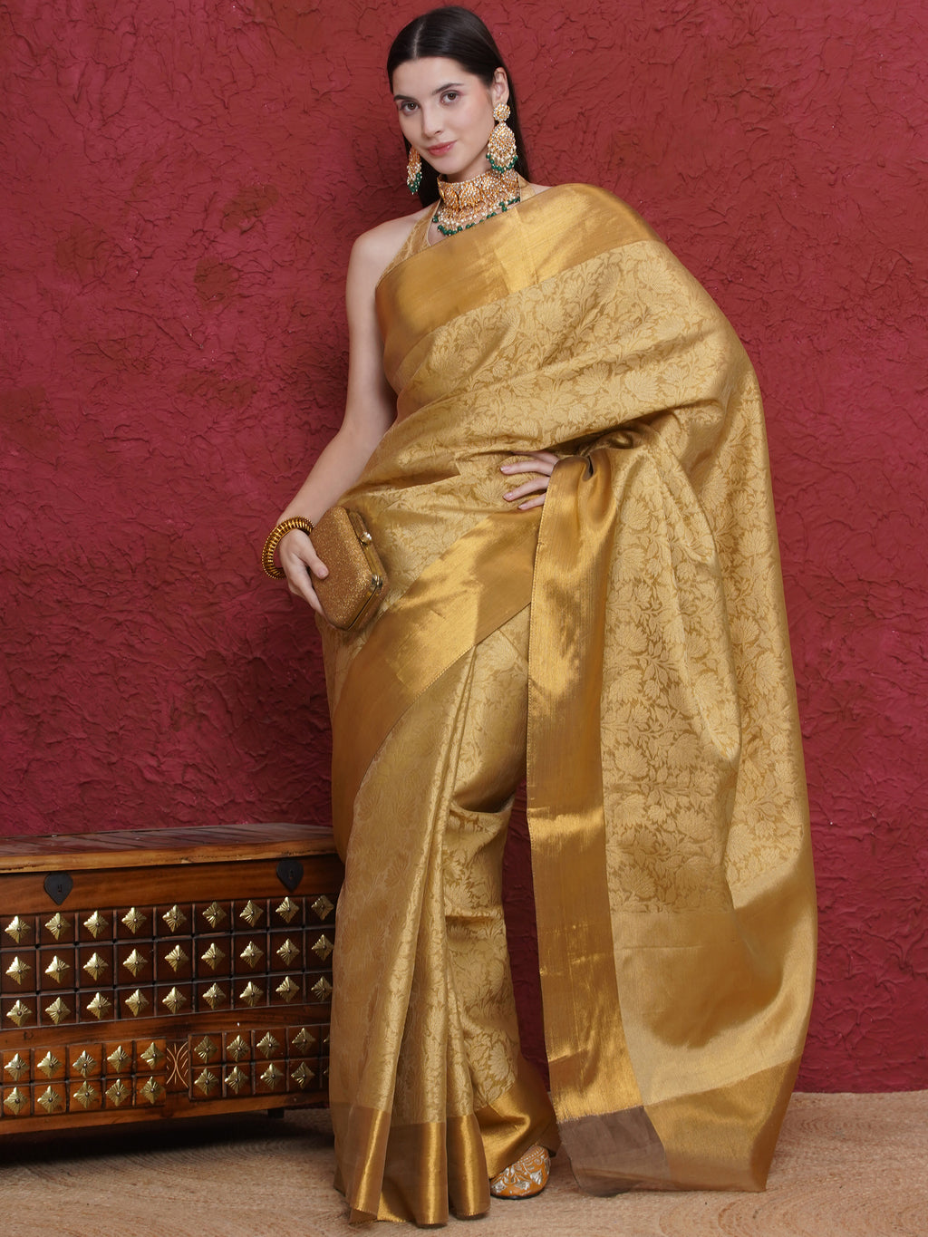 Banarasi Handwoven Tissue Tanchoi Brocade Border Saree - Gold