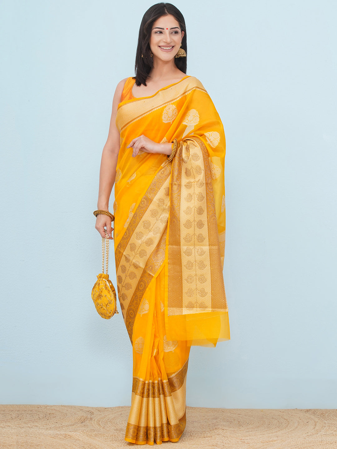 Banarasi Organza Broad Border Saree - Mango Yellow