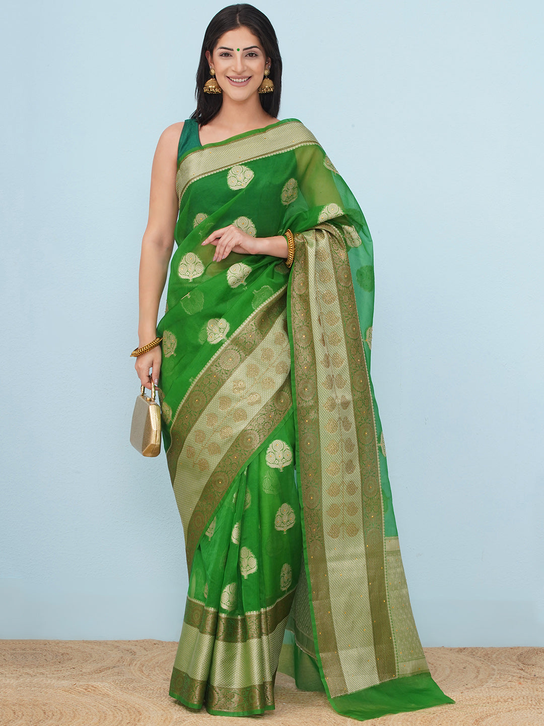Banarasi Organza Broad Border Saree - Emerald Green